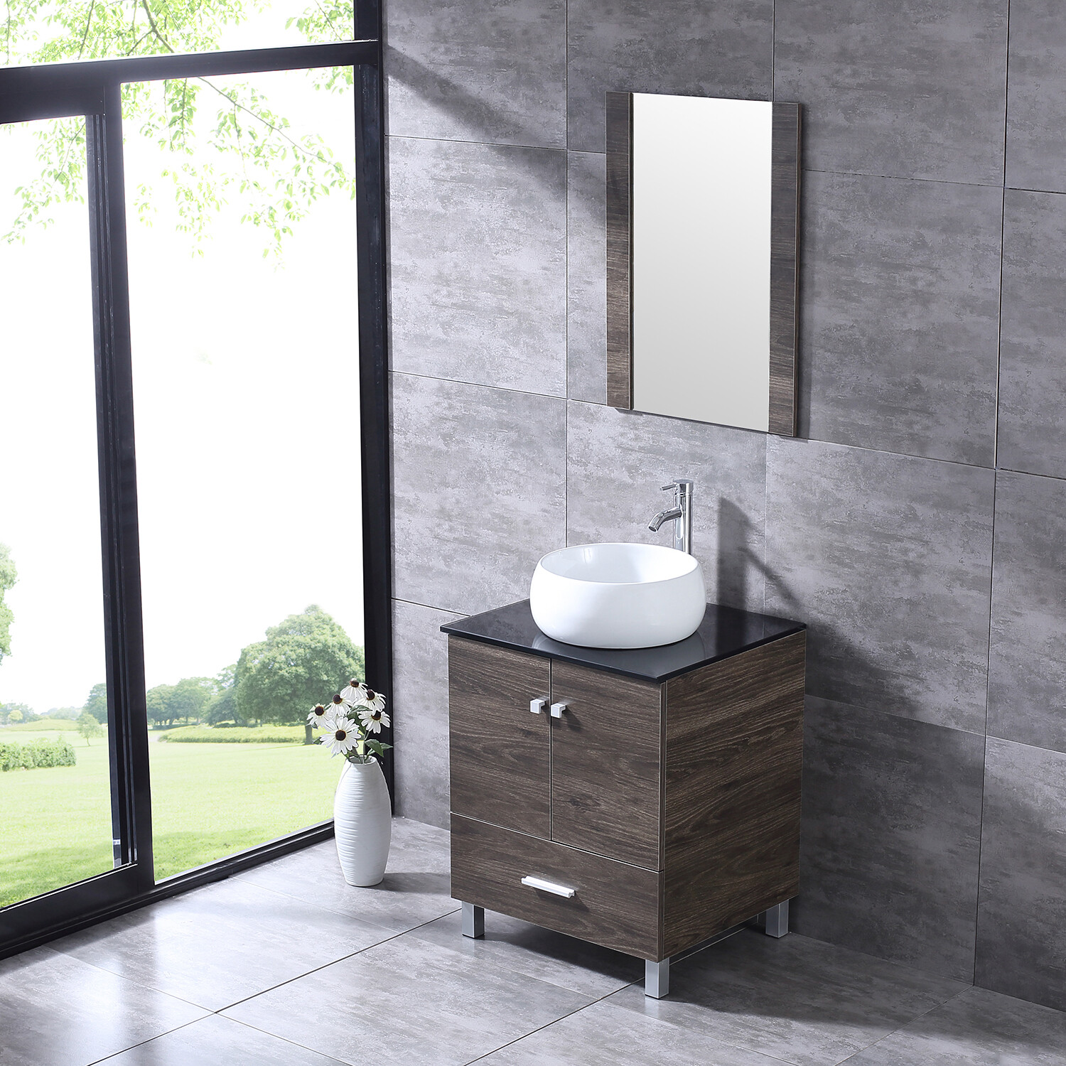 24″Bathroom Vanity Wood Cabinet White Ceramic Sink Bowl Basin Brown Mirror Combo