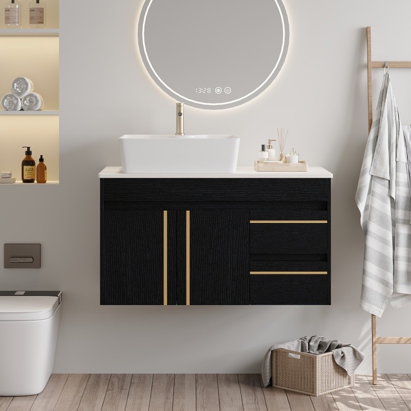 36″ Wall-Mounted Bathroom Vanity w/Vessel Ceramic Sink,Soft-Close Door & Drawers