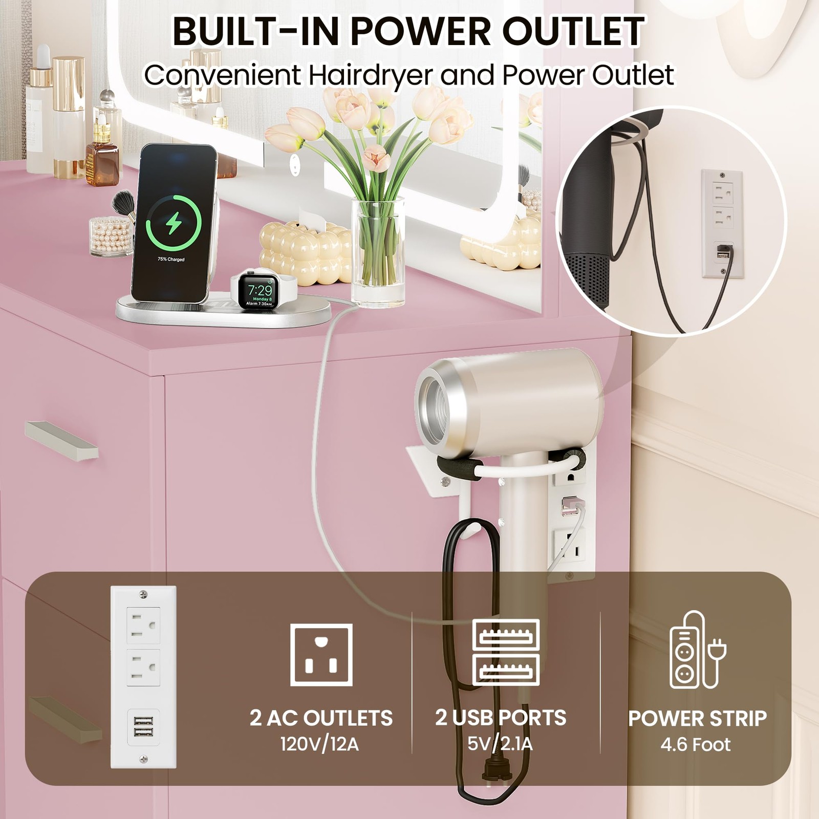 Vanity Set with Mirror Power Outlet Vanity Table Bedroom Pink