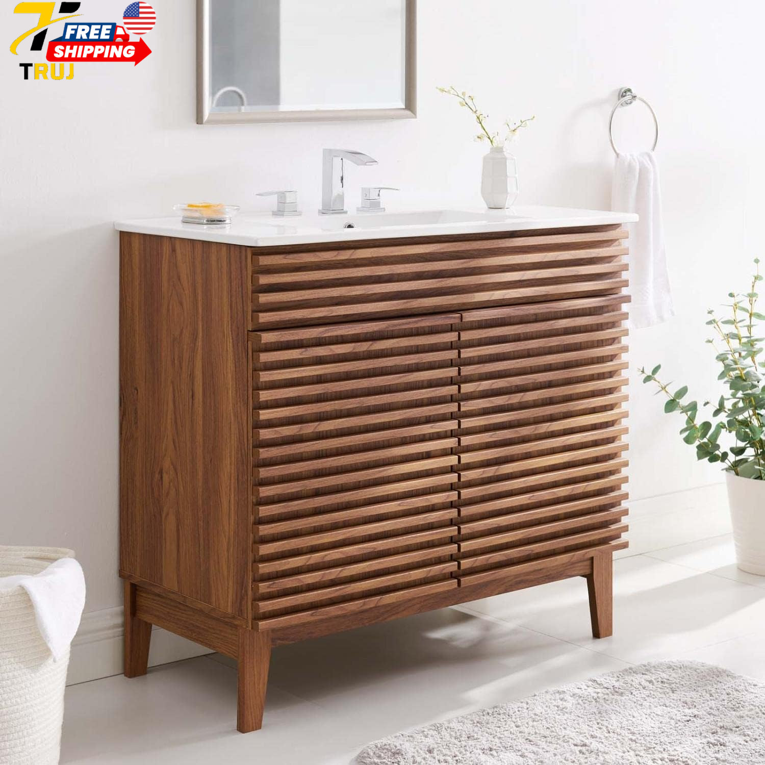 36″ Walnut and White Bathroom Vanity Stylish and Functional Design FREE SHIPPING