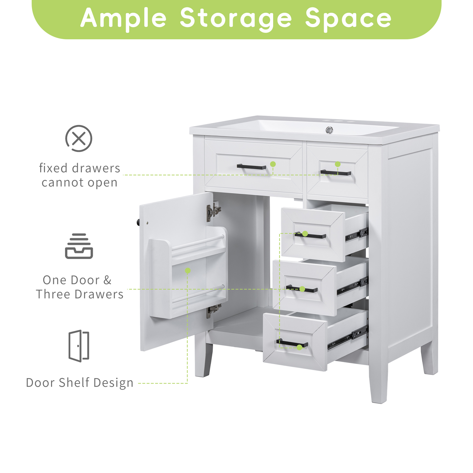 30″ Bathroom Vanity with Sink, Freestanding Vanity Storage Cabinet, 3 Drawers