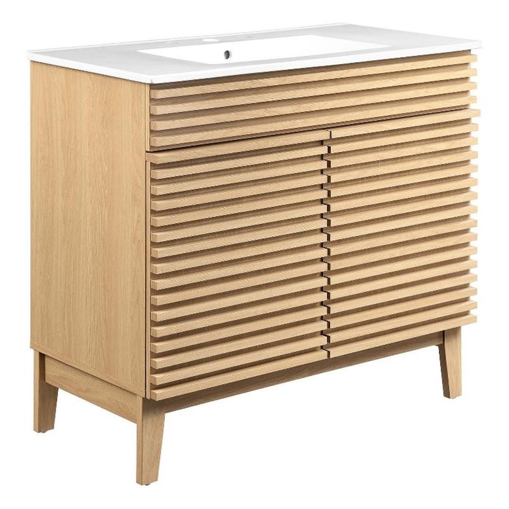 Modway Render 36″ MDF and Particleboard Bathroom Vanity in Oak/White