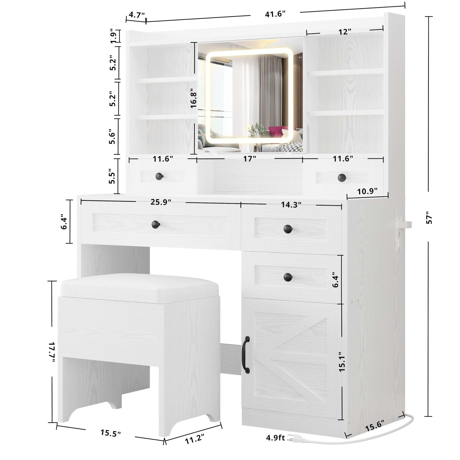 Vanity Desk LED Mirror 5 Drawers Cabinet Shelves Power Outlet Stool White