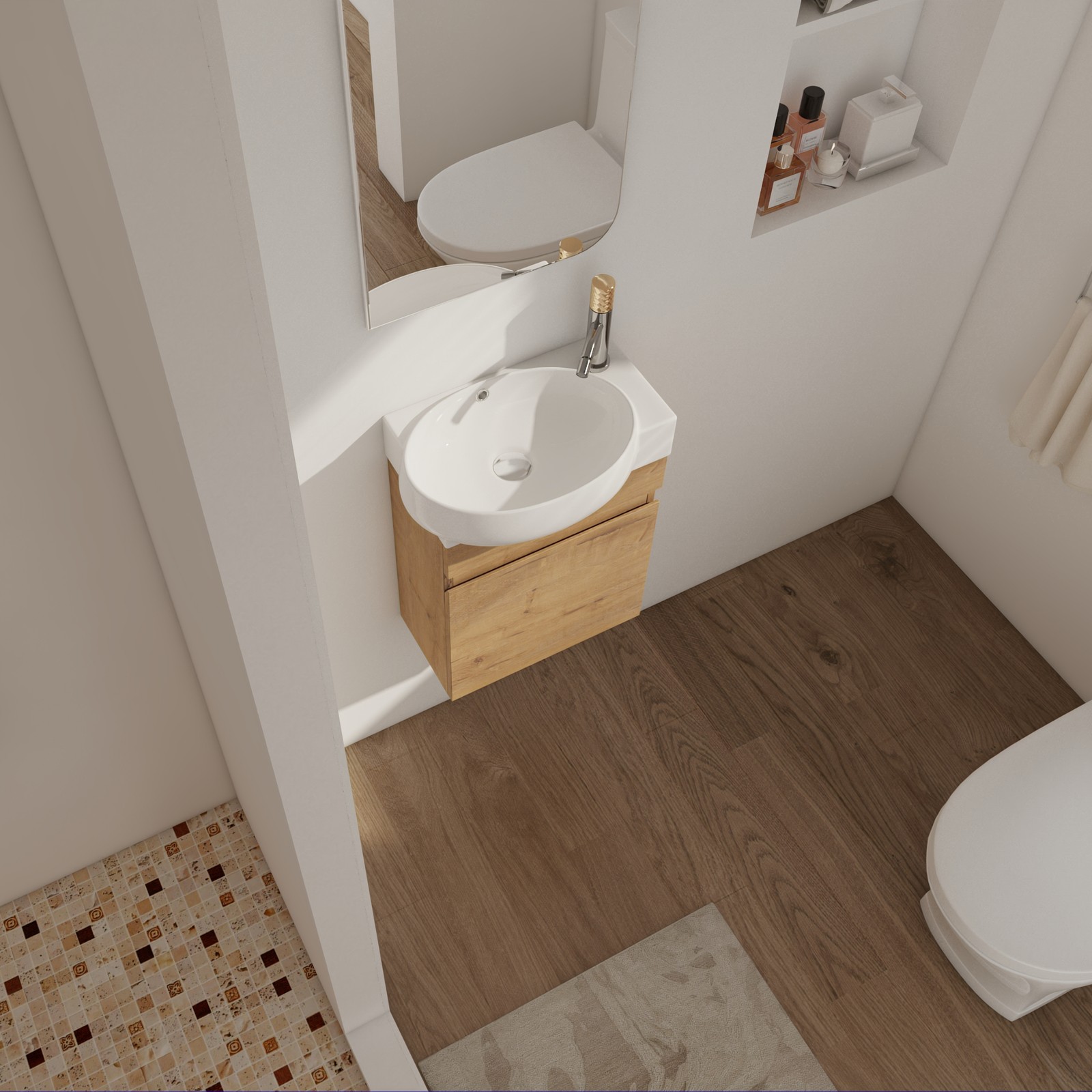 Plywood 16In Bathroom Vanity Cabinet W/ Soft-Close Doors Ceramic Sink Combo Oak