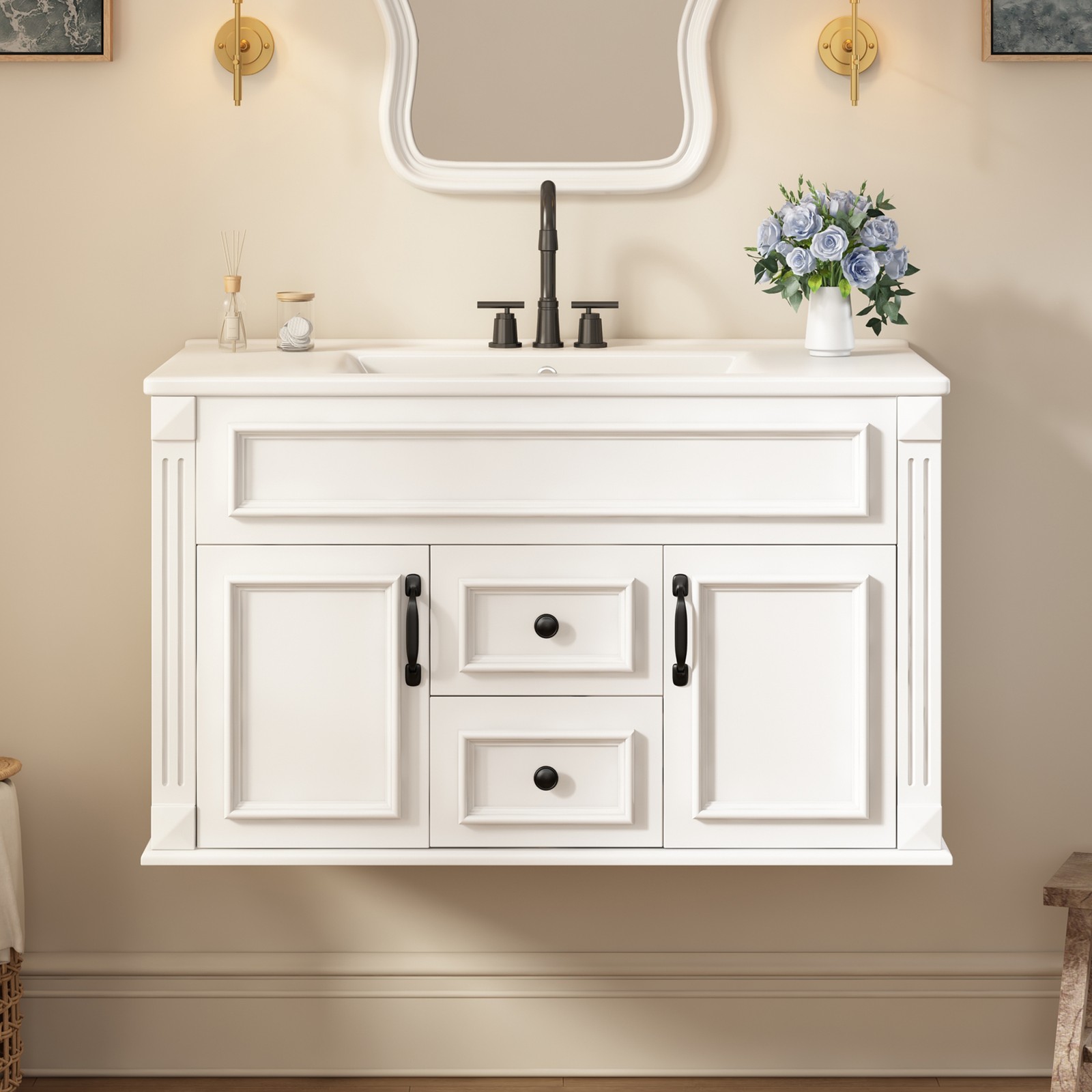 FUNIDEE 36inch Wall Mounted Bathroom Cabinet with Ceramic Sink Combo Vanity Set