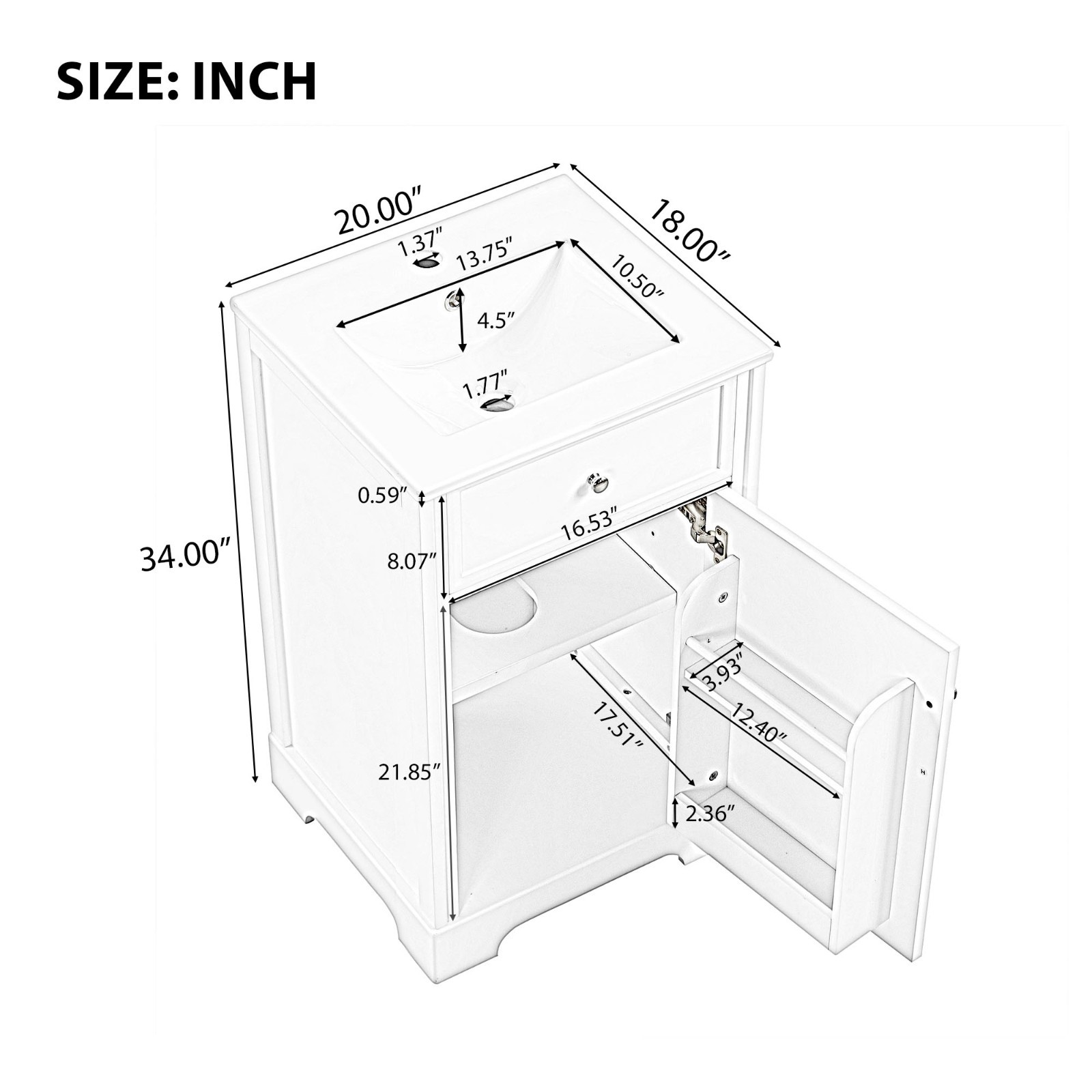20″ Bathroom Vanity With Sink Soft Closing Door Storage Rack Adjustable Shelf