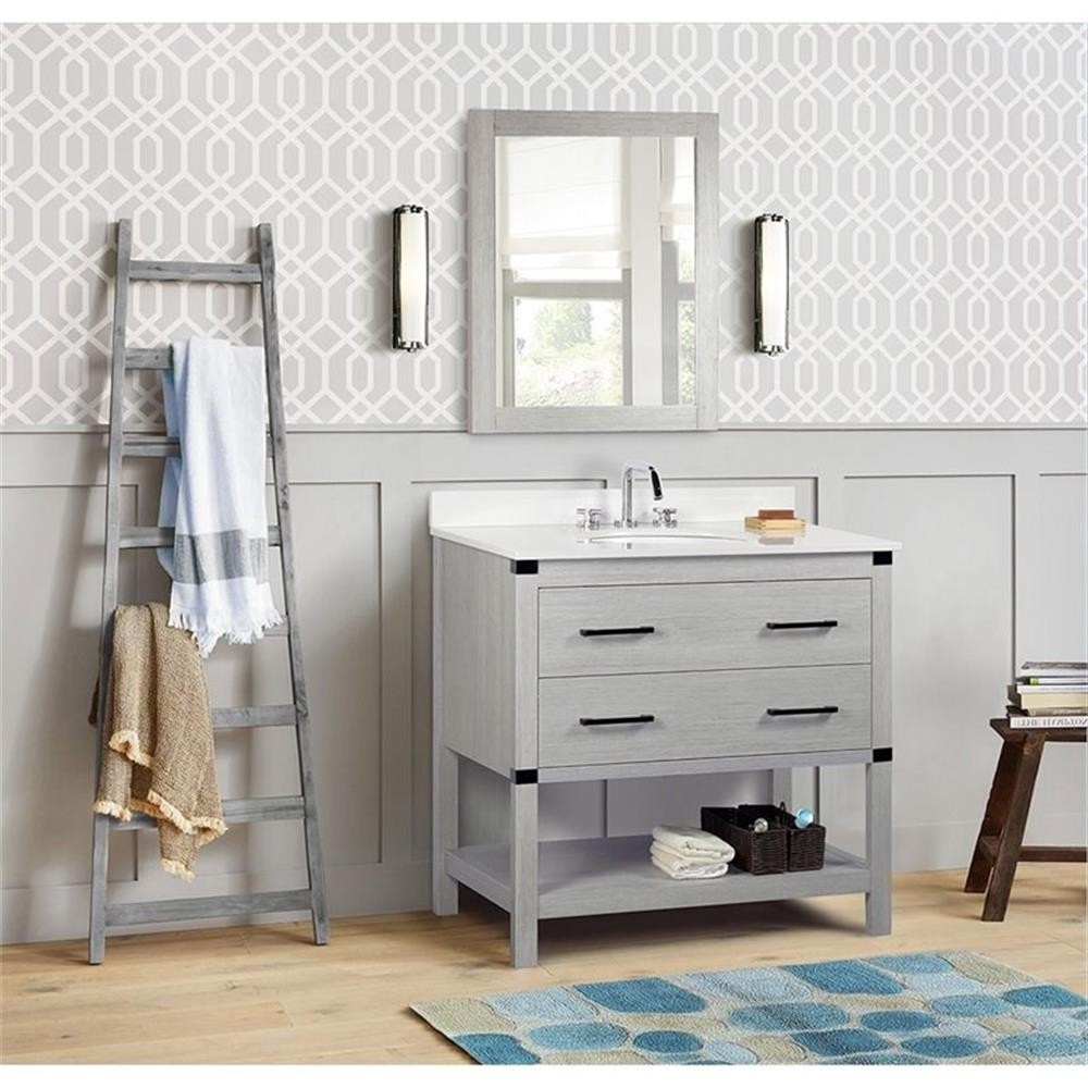 Pemberly Row 37″ Transitional Single Solid Wood Vanity w/ Oval Sink in Gray Pine