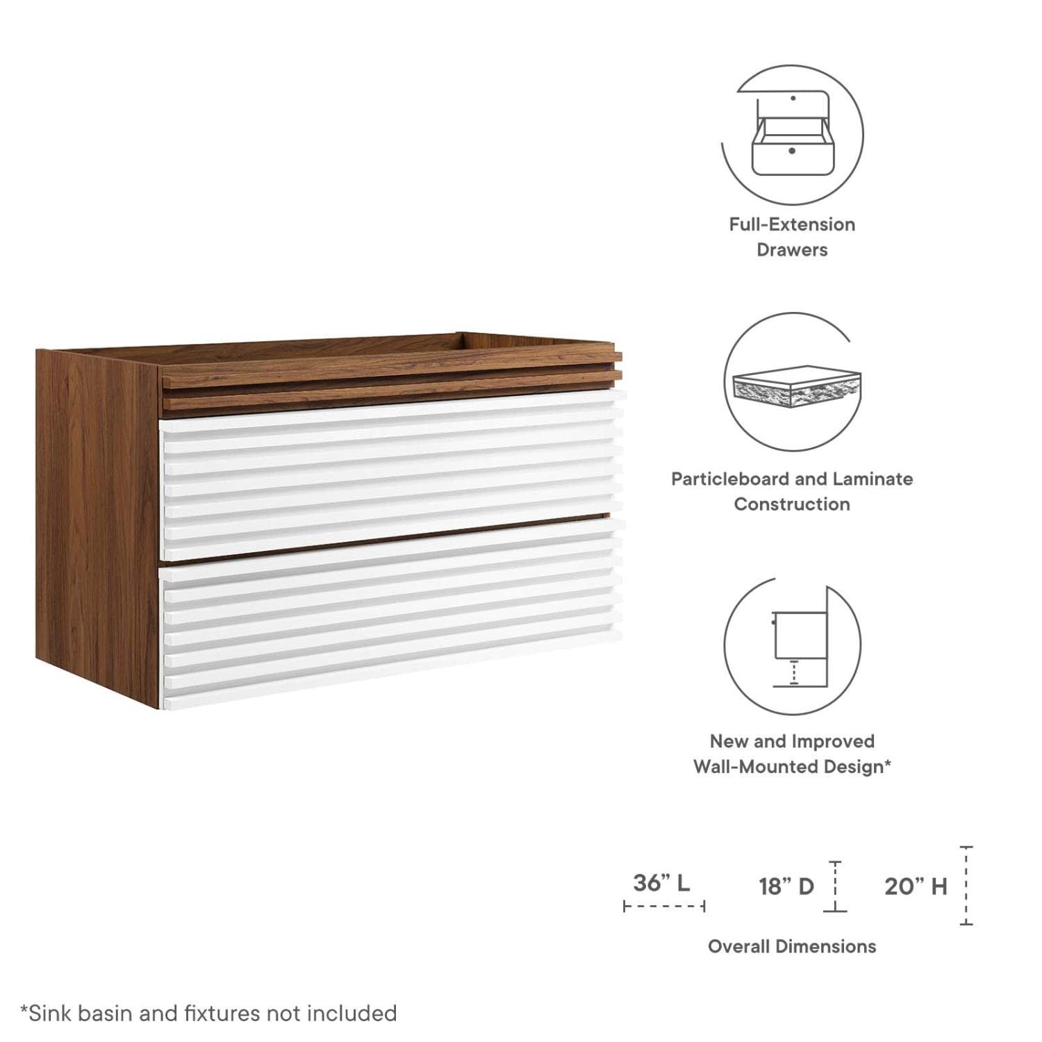 Modway Render 35″ MDF Wood Wall-Mount Bathroom Vanity Cabinet in White/Walnut