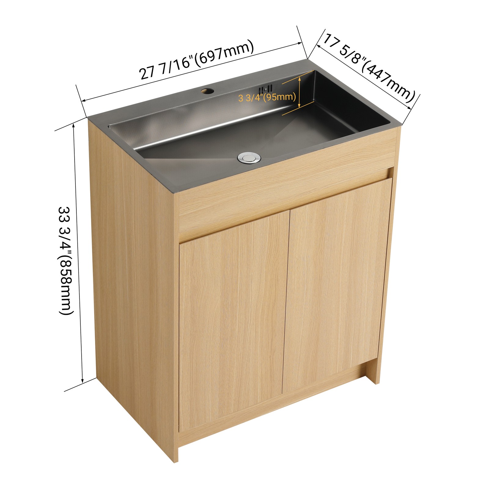 28″ Freestanding Bathroom Vanity/Laundry Utility Cabinet Stainless Steel Sink