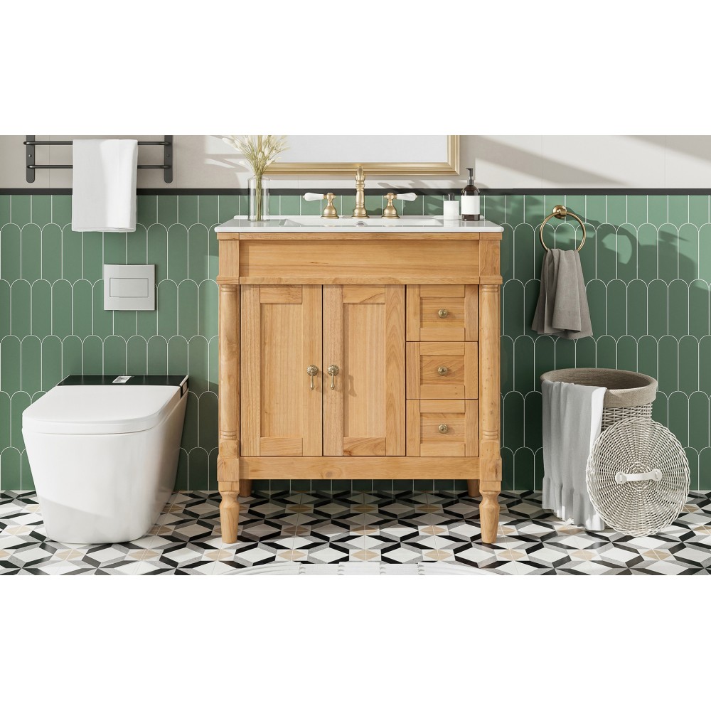 30-Inch Modern Bathroom Vanity, Solid Wood Frame + MDF, 2 Doors 3 Drawers