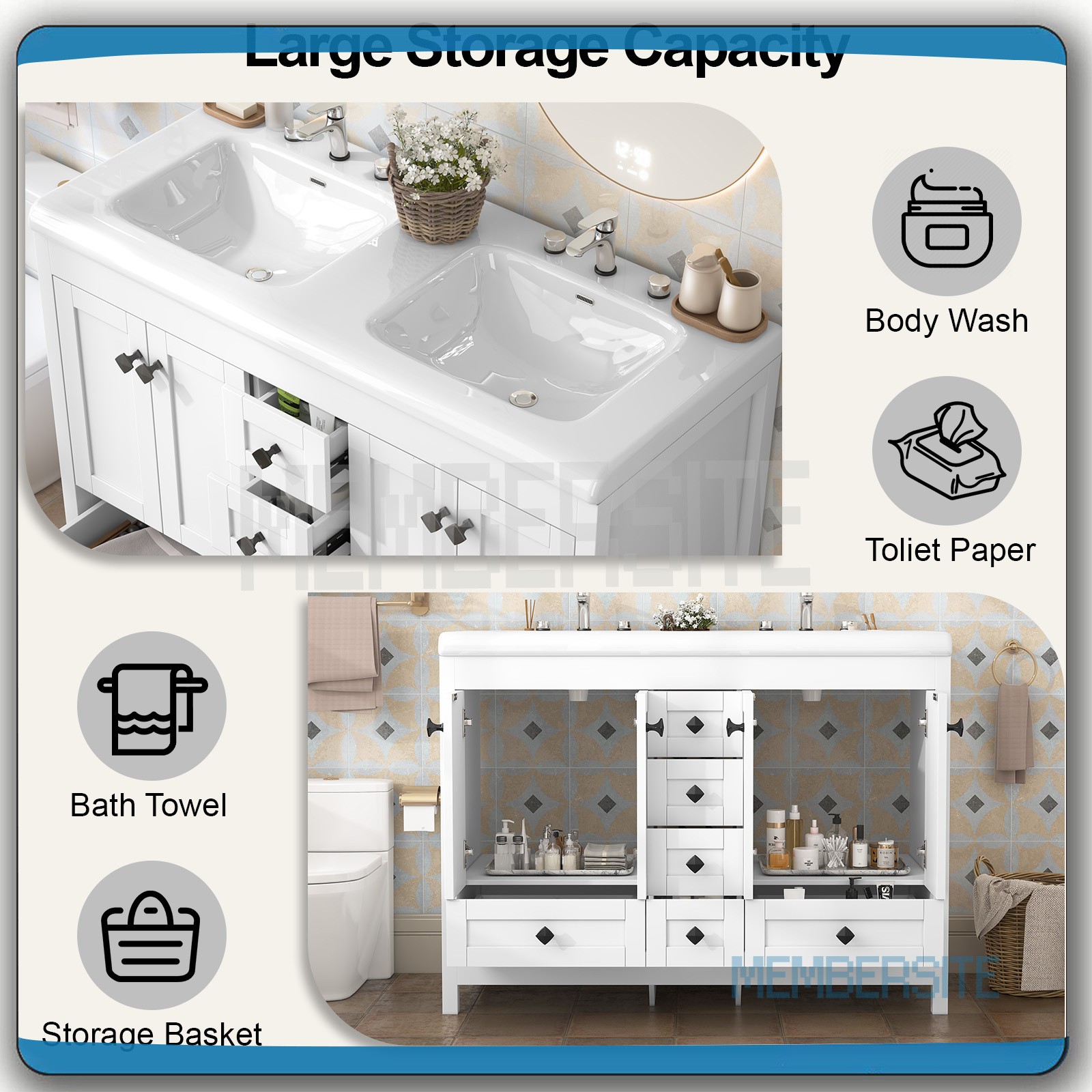 Bathroom Cabinet 47.3″ Vanity Top w/2 Sinks ,6 Drawers Bathroom Vanity Cabinet