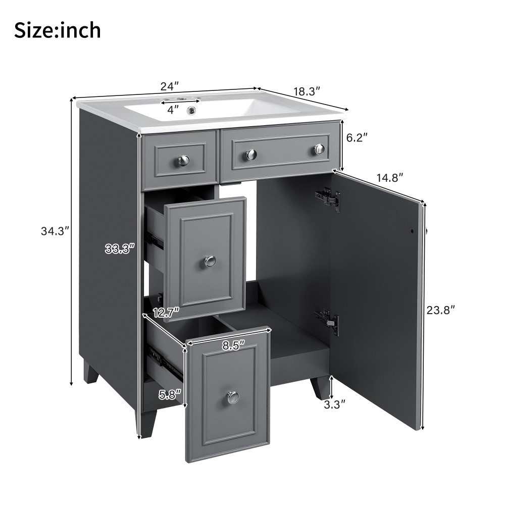 Bathroom Vanity with Ceramic Sink Features 2 Drawers and 1 Door