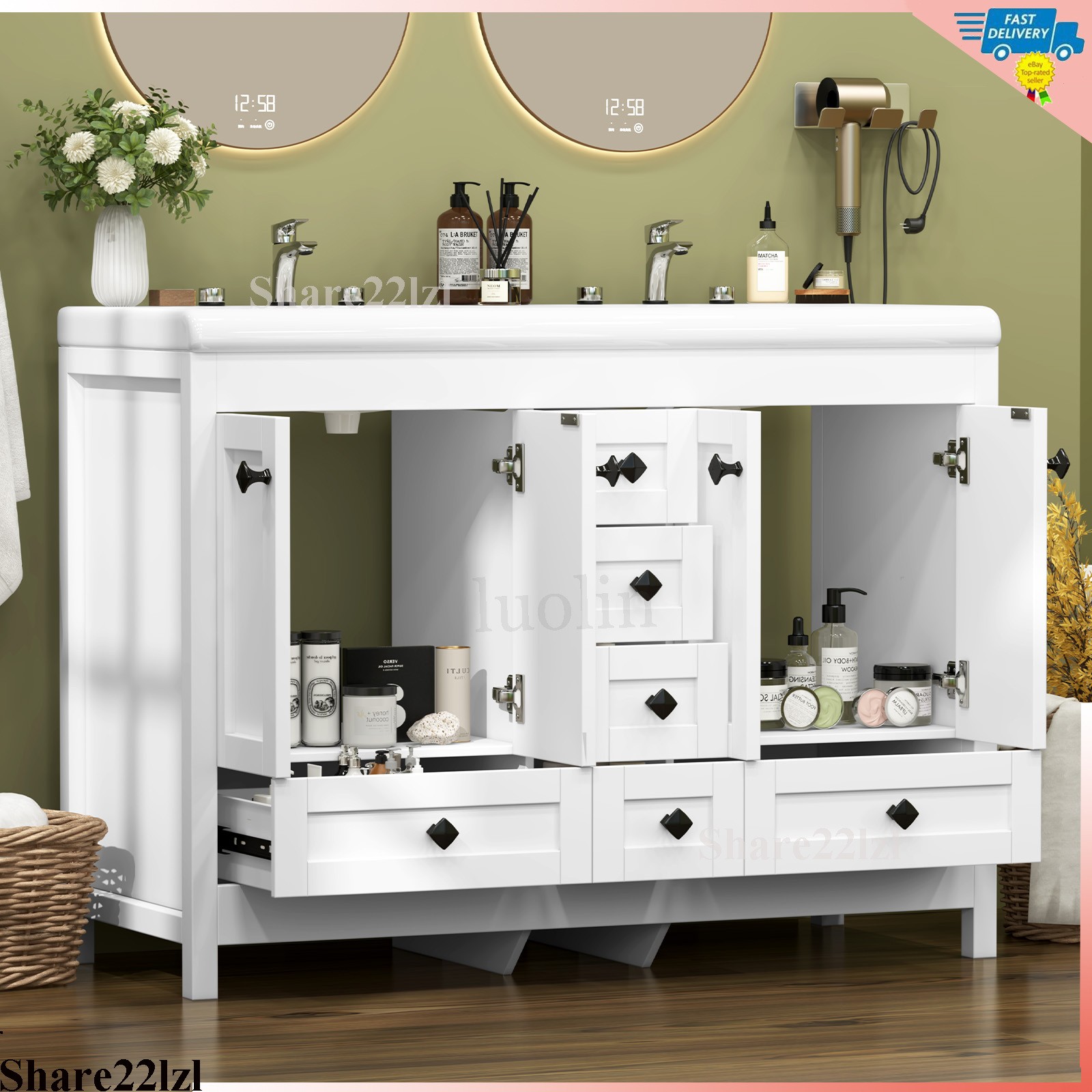 47inch Bathroom Vanity Bathroom Storage Cabinet with Double Ceramic Sink White