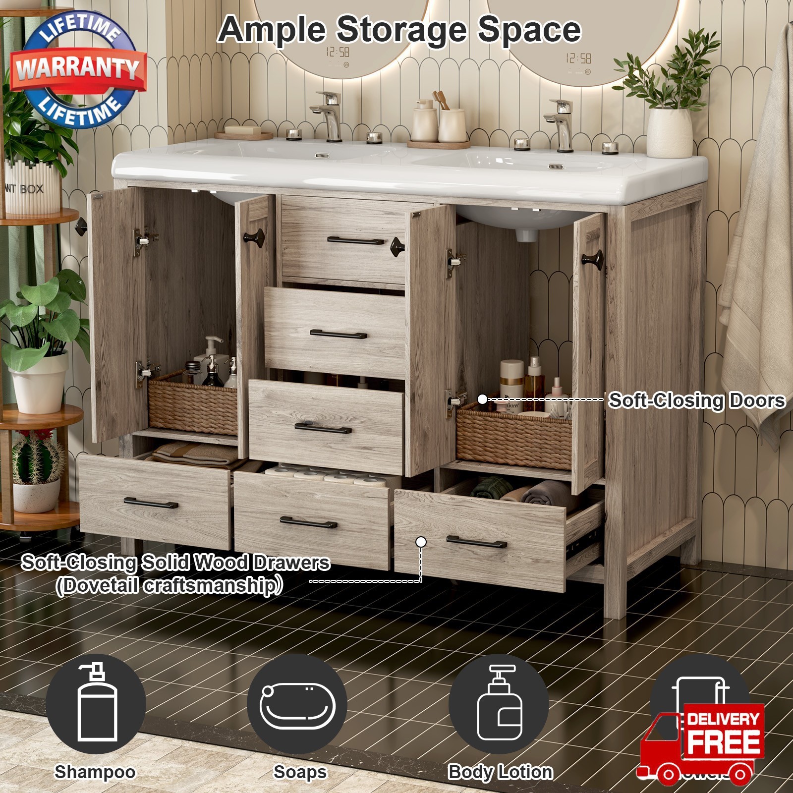 46.7″ Bathroom Vanity Double Sink Ceramic Freestanding Cabinet Wood Grain Modern