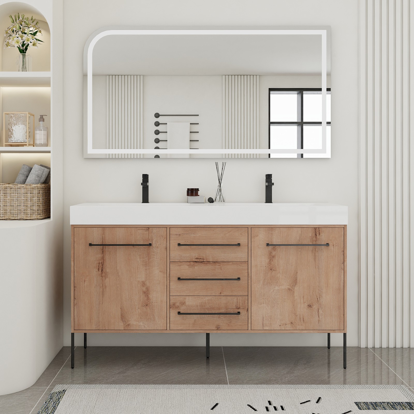 60 in Freestanding Bathroom Vanity White Double Resin Sink 2 Doors 3 Drawers