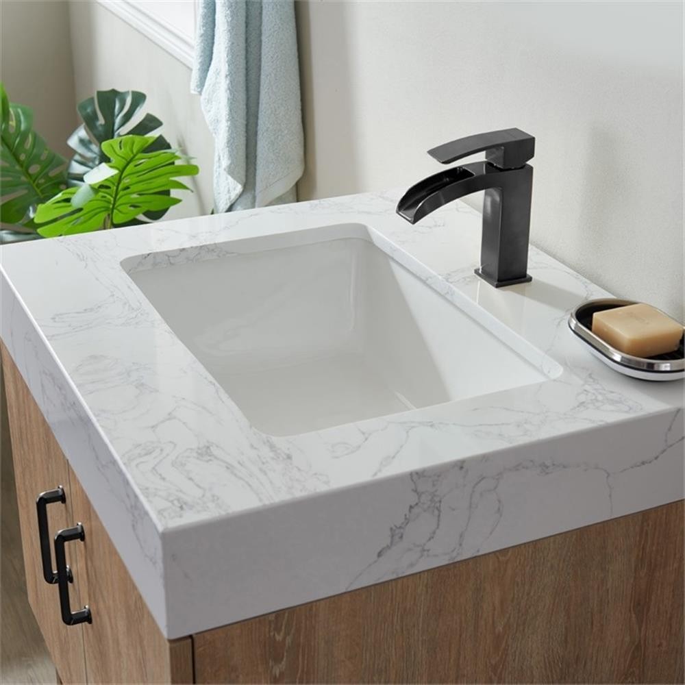 Pemberly Row 24″ White Stone Top Oak Single Vanity Black Frame with o Mirror