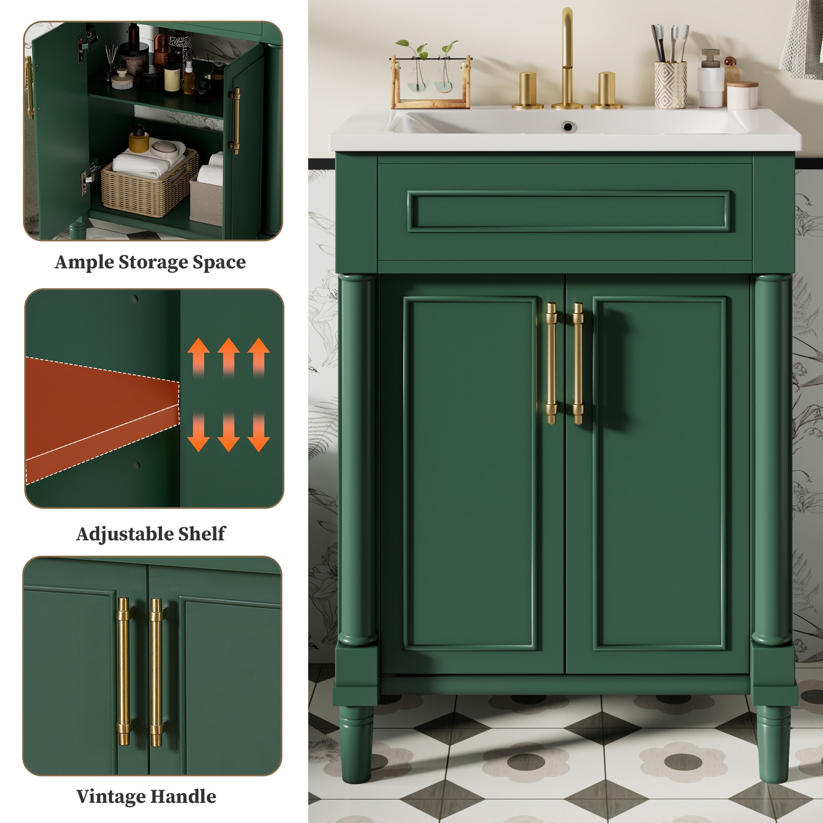 24 in Small Bathroom Vanity w/ Ceramic Sink & 2 Doors, Solid Wood&MDF, Green