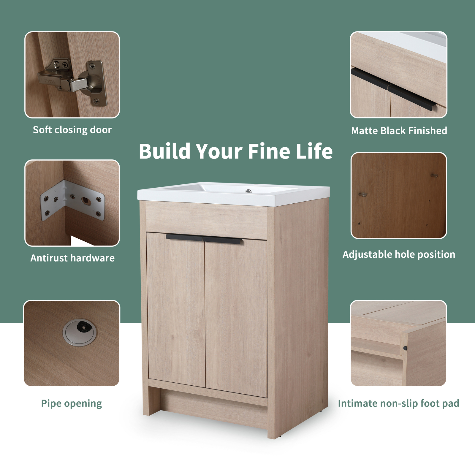 24″Free Standing Bathroom Vanity Cabinet W/Sink for Small Space Wooden Light Oak