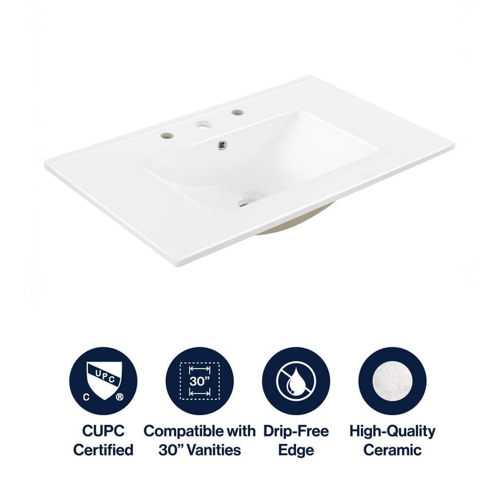 JONATHAN Y 30″ W x 18.25″ D Classic Rectangular Ceramic Sink Vanity Top White