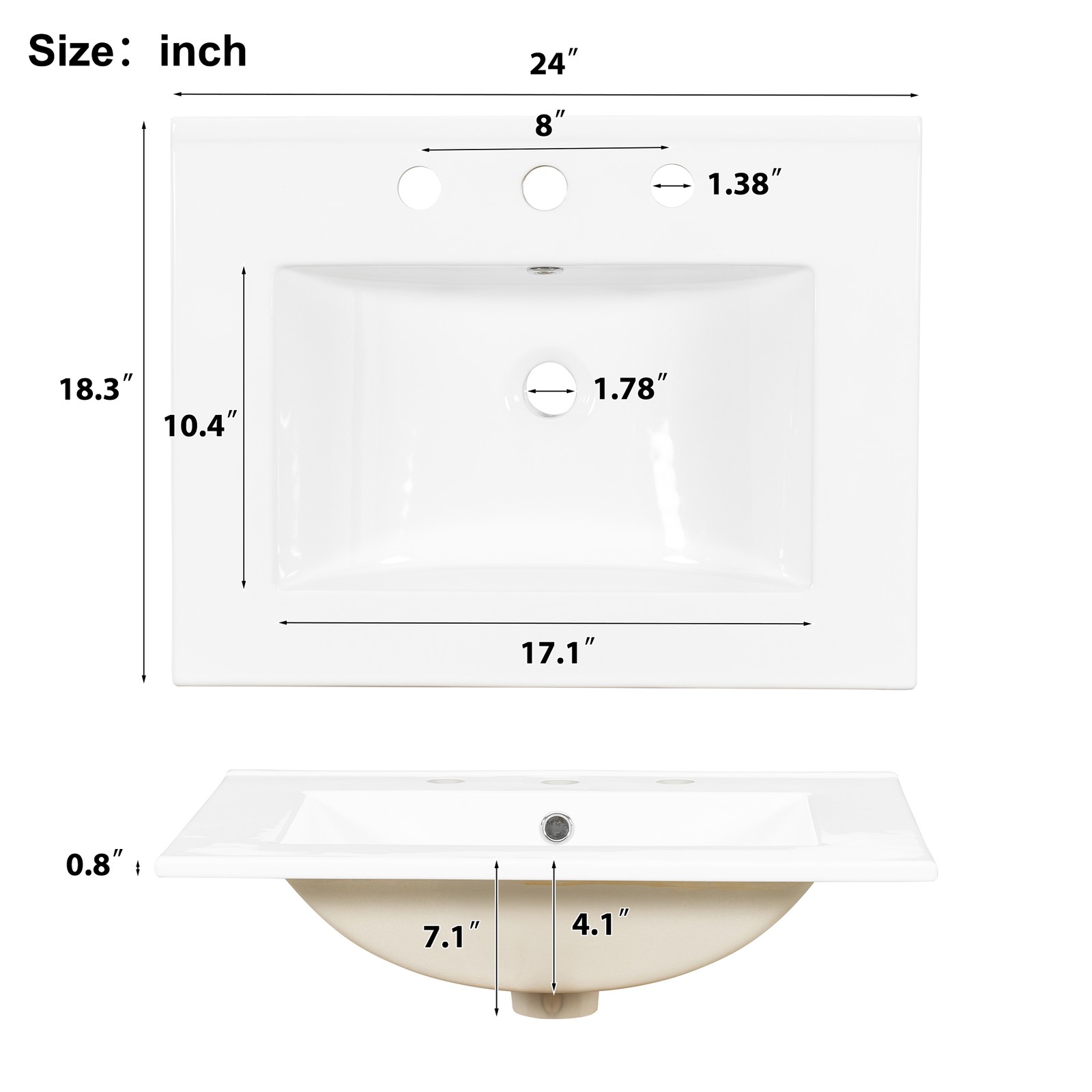 24″ Bathroom Vanity w/Ceramic Sink Modern Freestanding Vanity Cabinet w/3 Doors