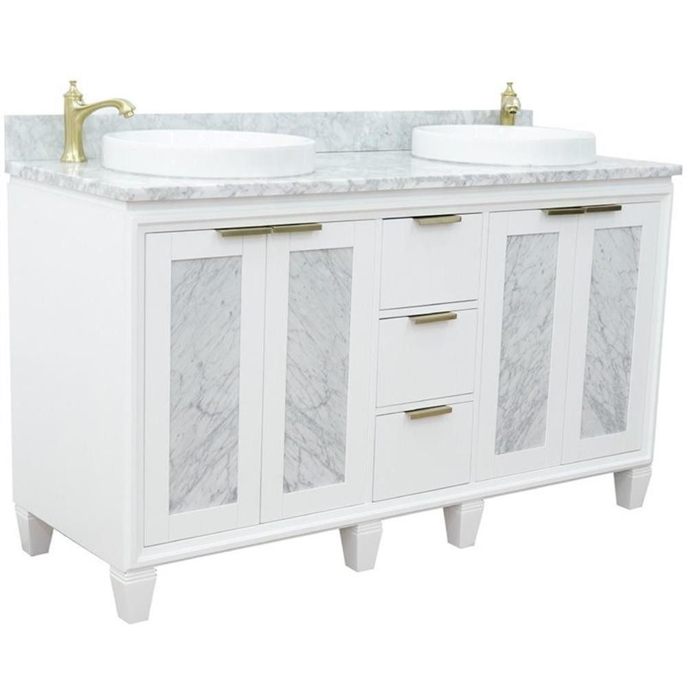 Pemberly Row 61″ Double Round Sink Solid Wood Vanity in White/White Carrara
