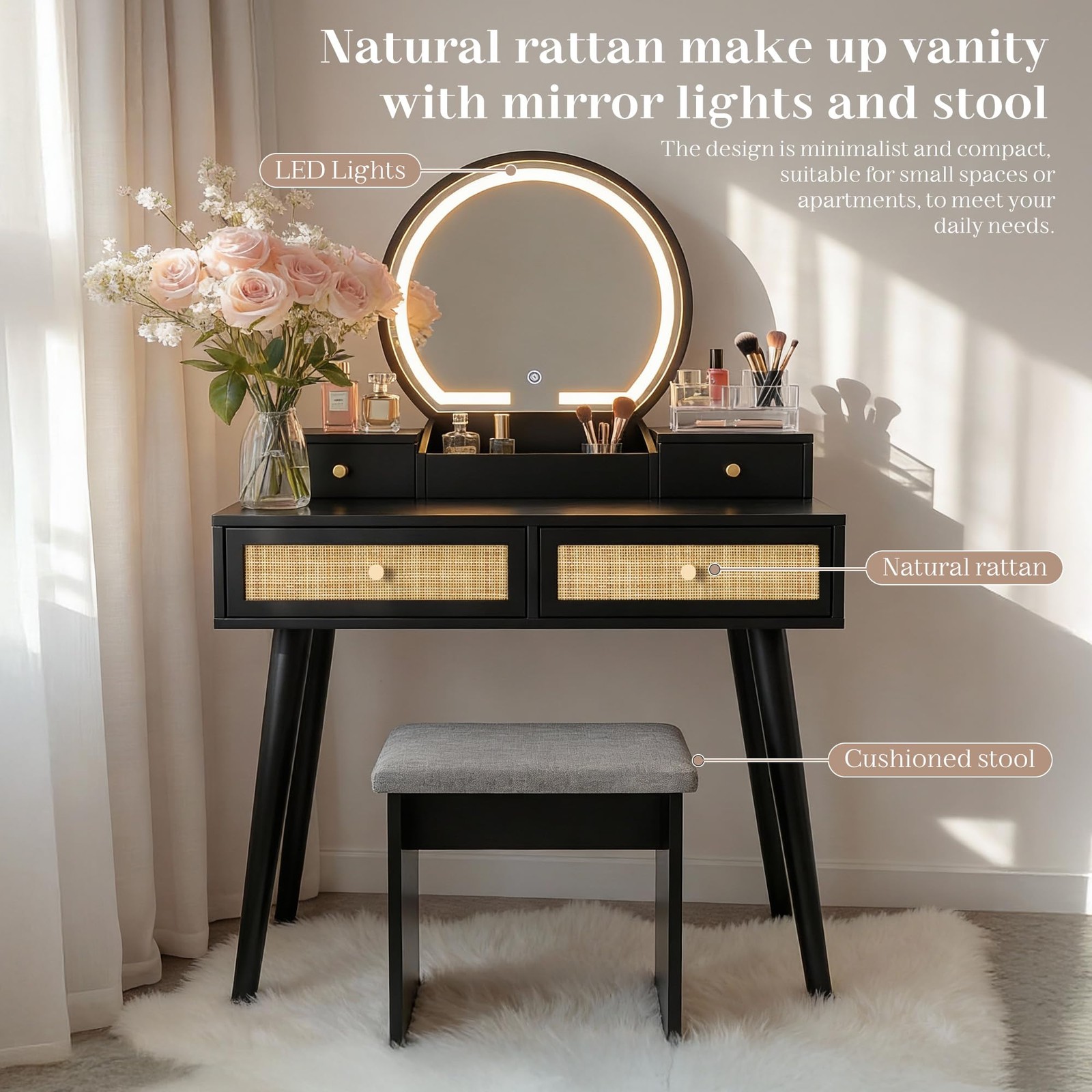 Rattan Vanity Desk with Stool 31″ Space Saving Makeup Table with LED