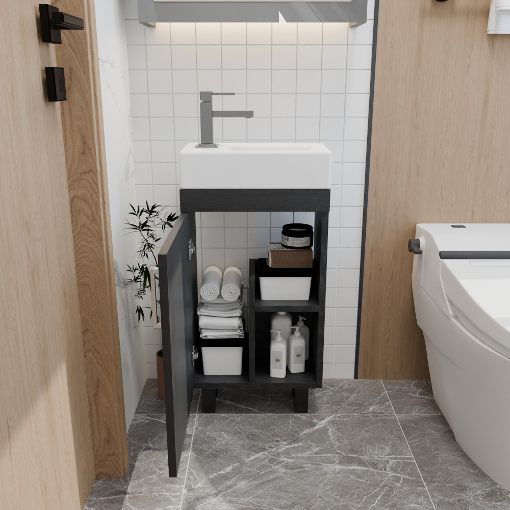 16″ Freestanding Bathroom Vanity with Sink for Small Spaces, Soft-Close