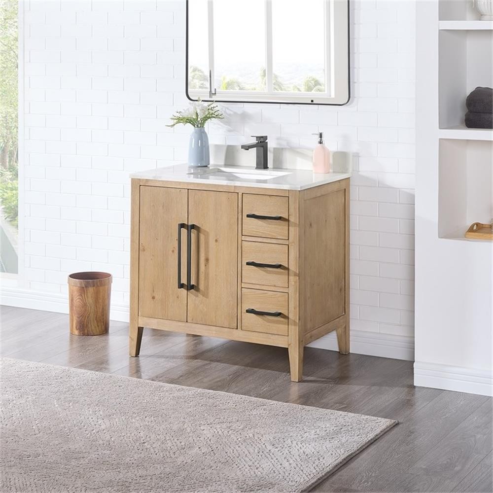 Laurel 36″ Wood Vanity in Weathered Fir Calacatta White Quartz Top no Mirror