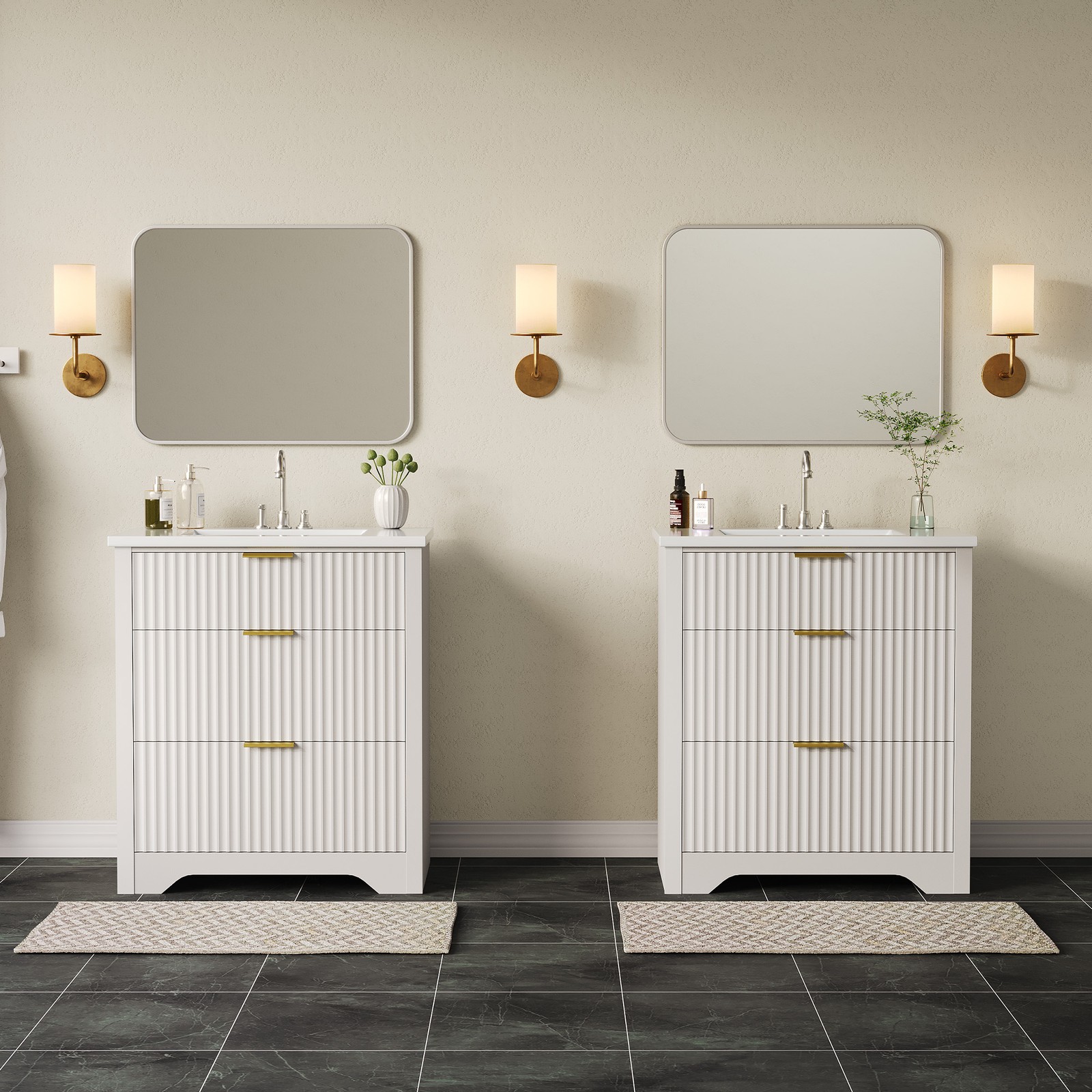 30″ Fluted Bathroom Vanity w/Sink, Freestanding Bathroom Sink Cabinet w/Drawers