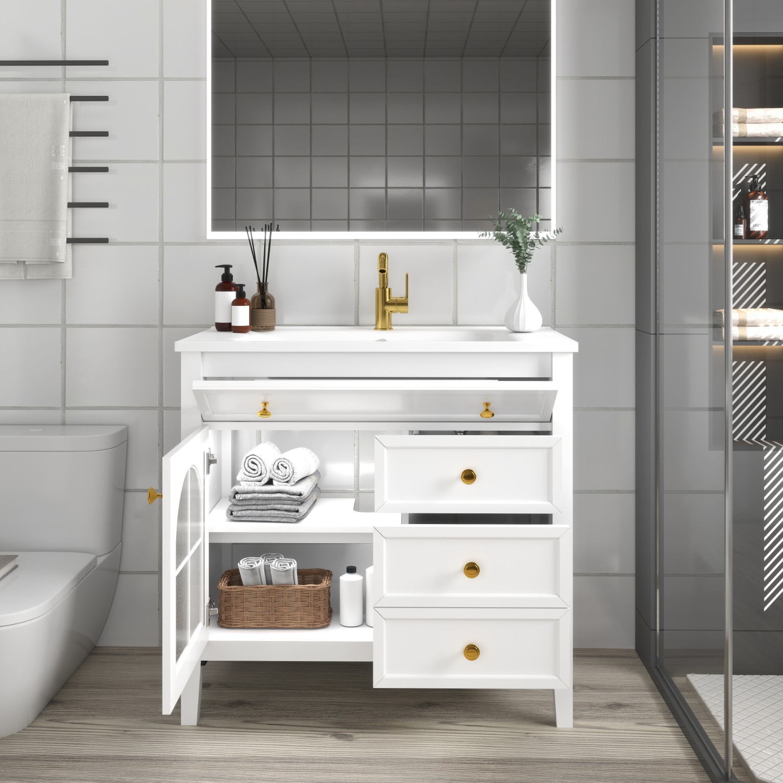35.6″ Bathroom Vanity Storage Cabinet w/ Ceramic Sink Glass Motion Sensor Light