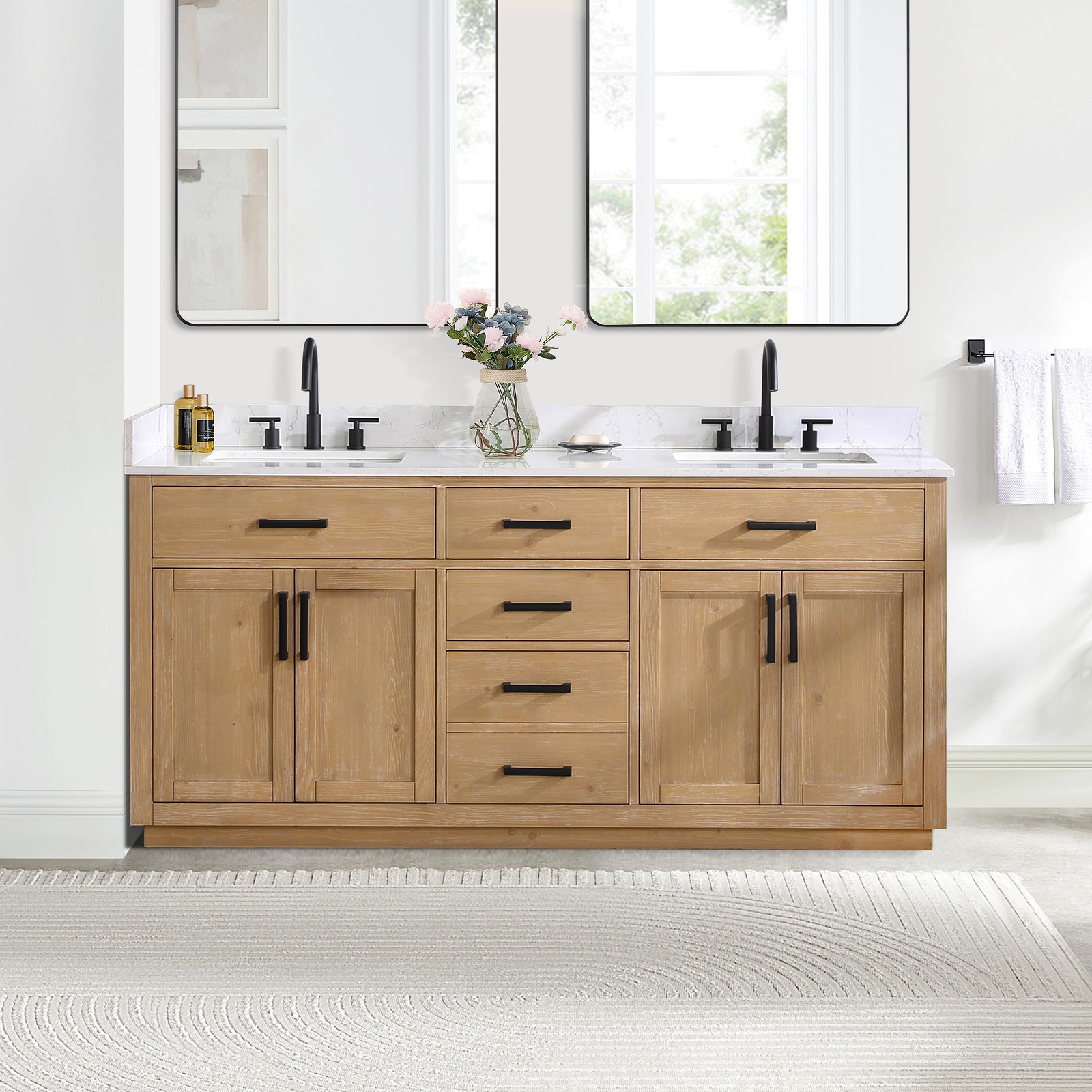 Gavino 72″ Wood Vanity in Light Brown with Composite Stone Top no Mirror