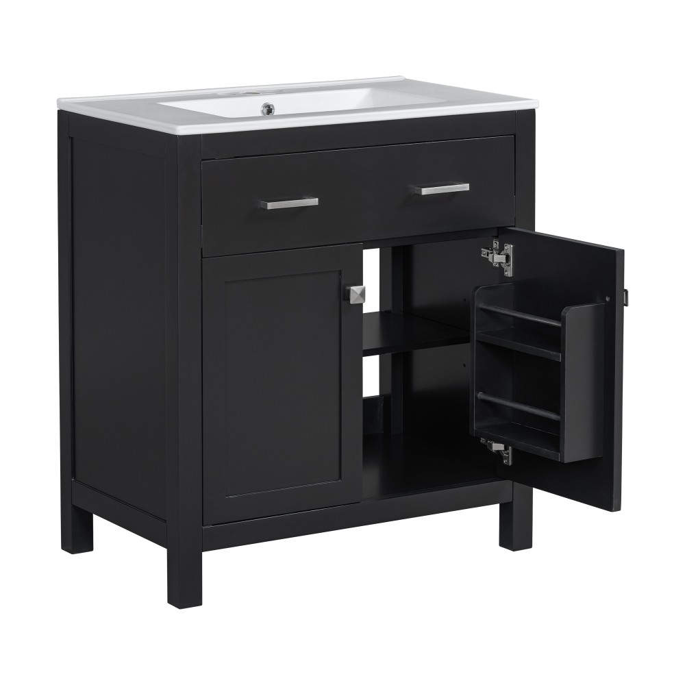 30″ MDF Bathroom Vanity Ceramic Sink Soft Close 2 Doors Adjustable Shelf Storage