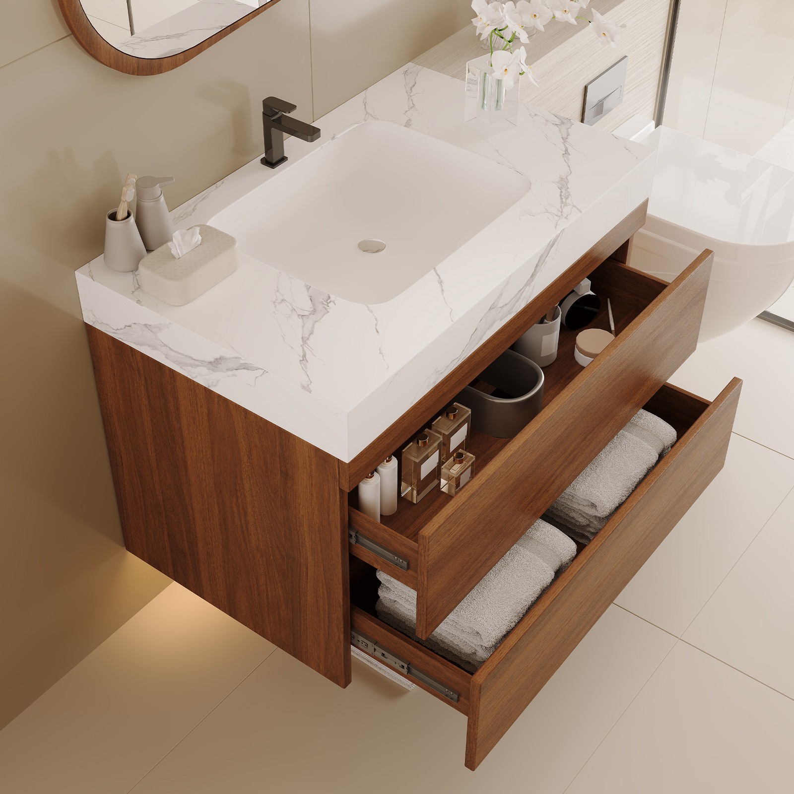 29.9″ Modern Floating Bathroom Vanity Storage Cabinet w/Faux Marble Top & Sink