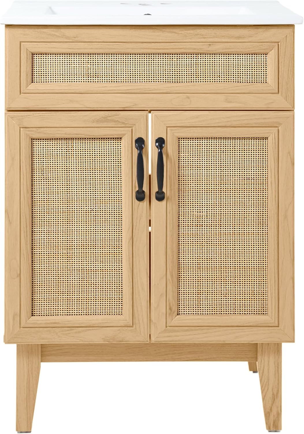 Modern Farmhouse Rattan Bath Vanity Cabinet, 24″ W, Oak, 2 Shelves
