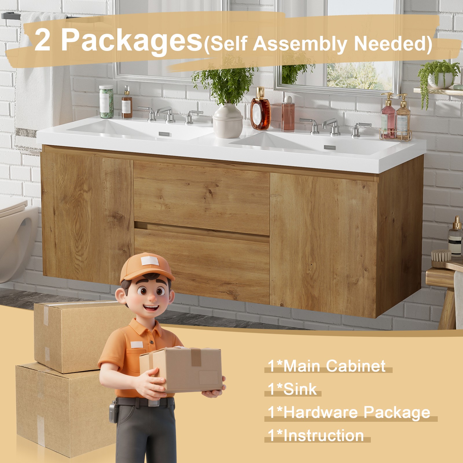59.3″ Wall-Mounted Double Sink Bathroom Vanity with SMC Top, MDF Cabinet Wood