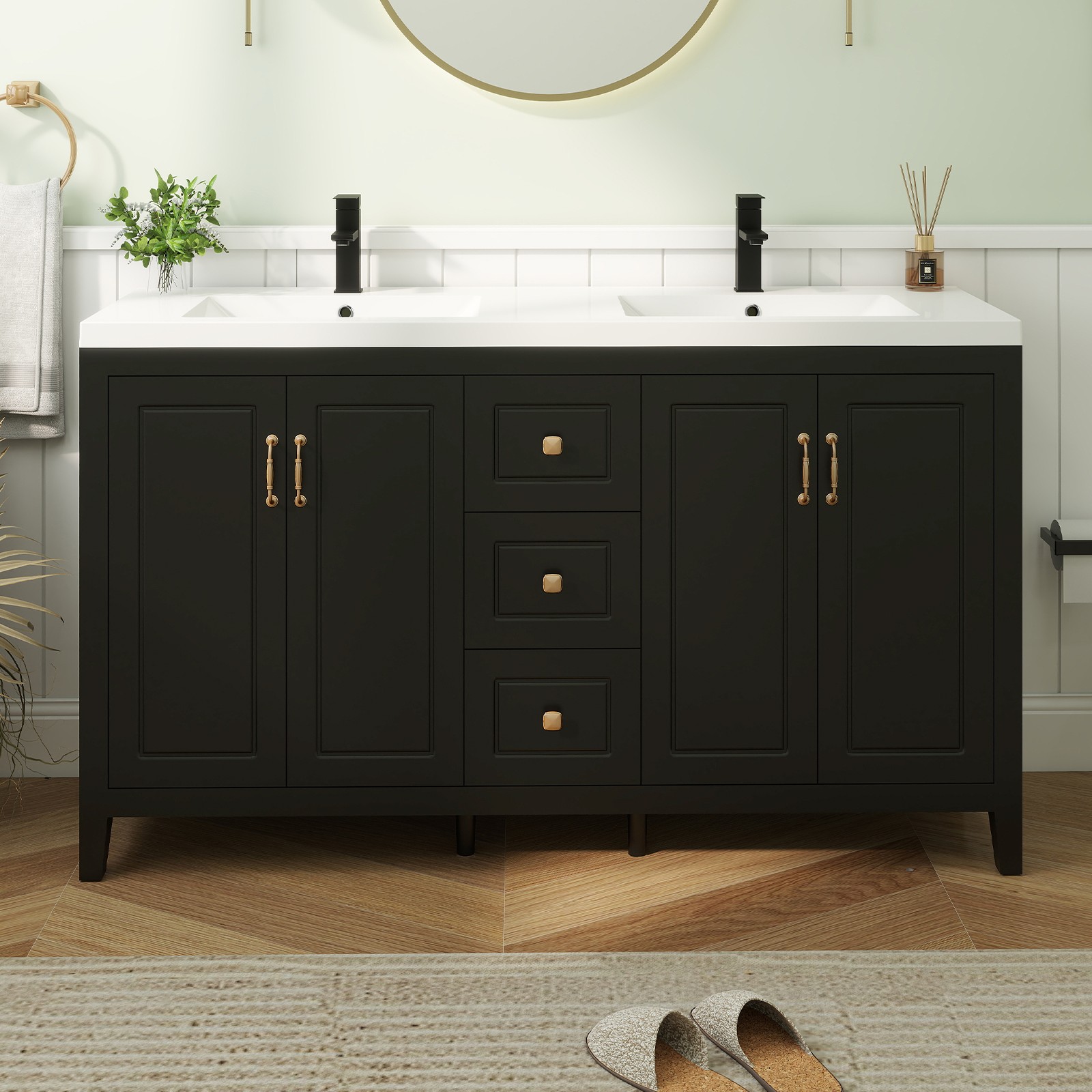 60″ Freestanding Bathroom Vanity Soft-Close 4 Doors 3 Drawers with Faucet Black