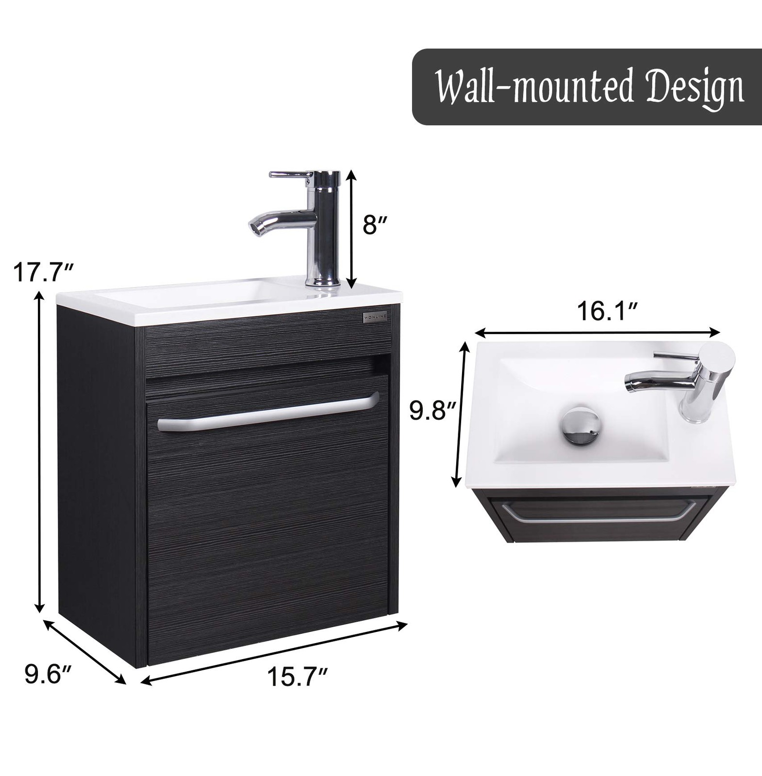 wonline 16” Bathroom Vanity Sink Combo for Small Space Black Wall Mounted Cabine