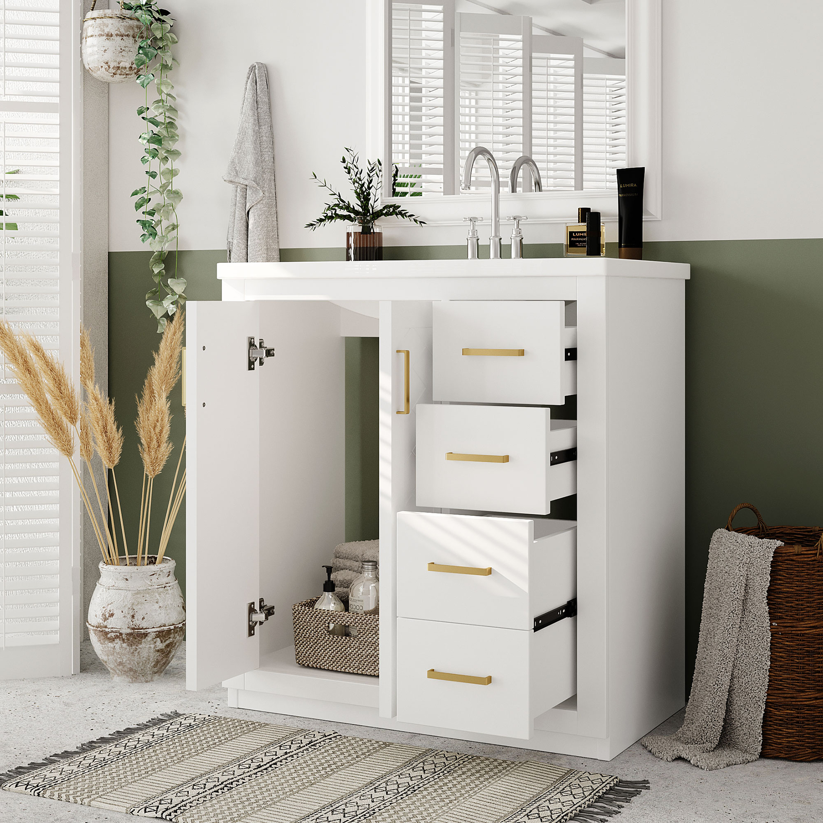 30” Freestanding Bathroom Vanity with Ceramic Sink 2 Doors and 3 Drawers White