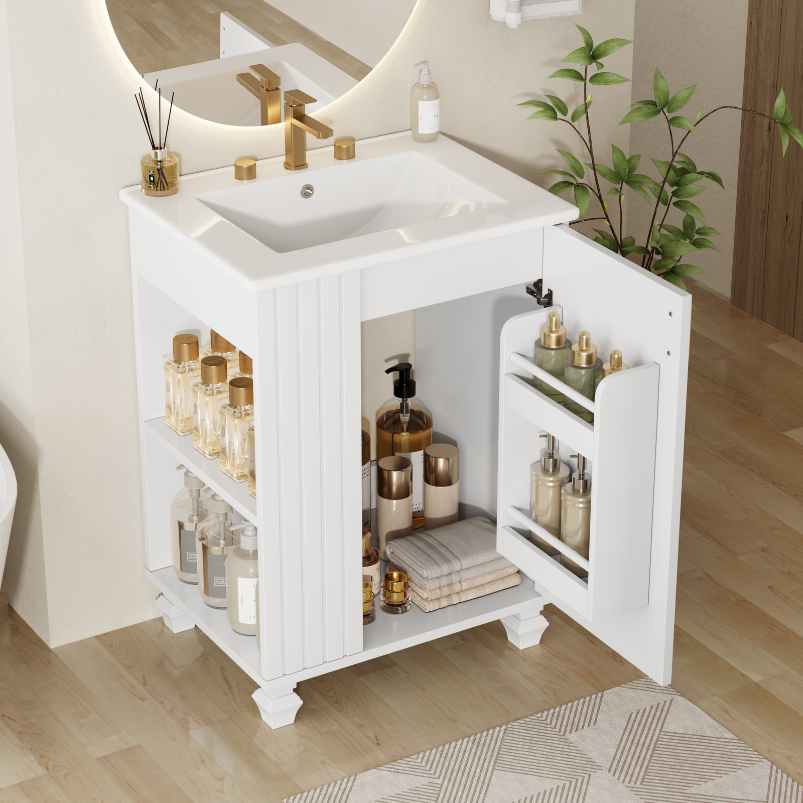 24″ Bathroom Vanity w/Sink，Freestanding Cabinet w/Door Shelf and Open Storage