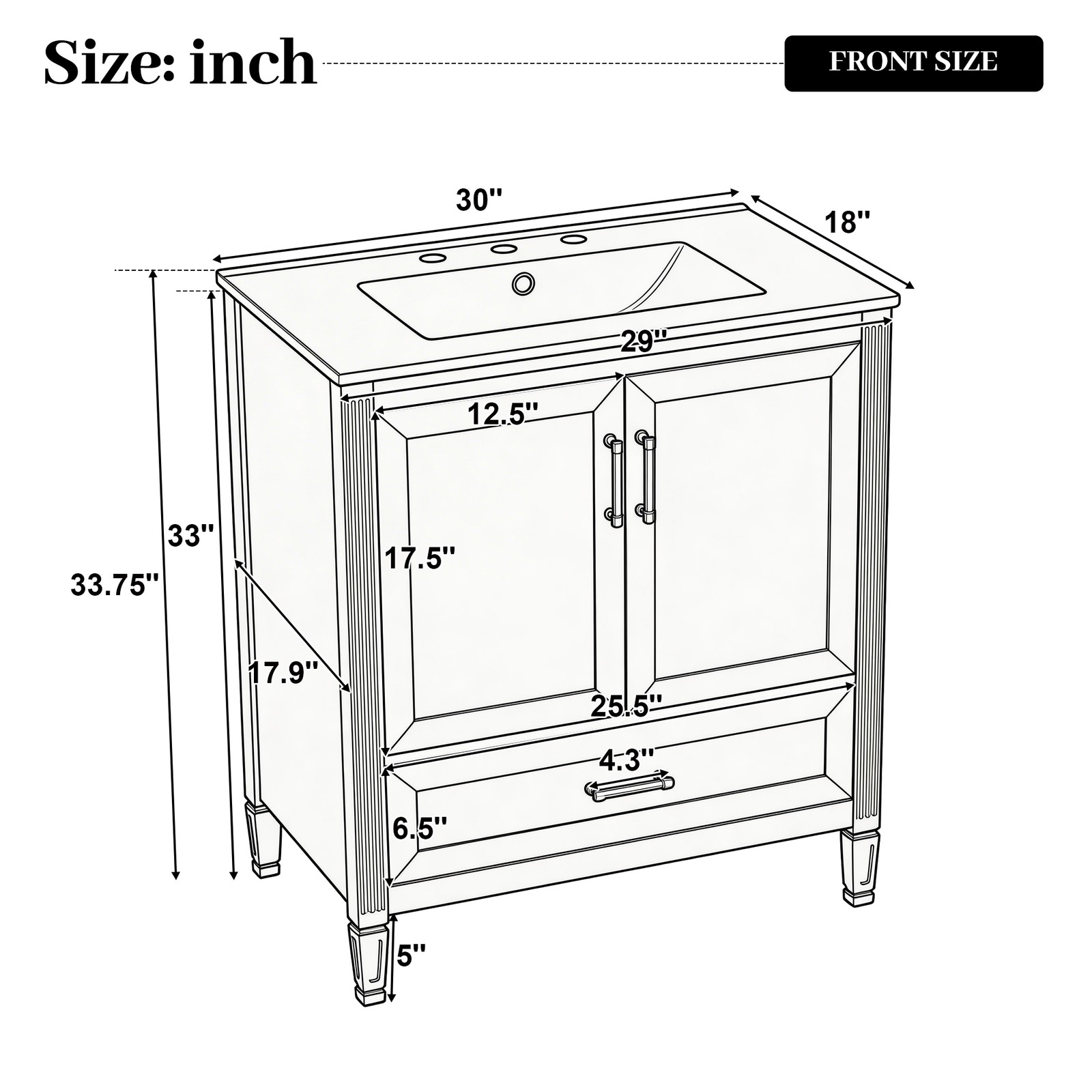 30 Inch Black Fluted Bathroom Vanity with Ceramic Sink, Soft-Close