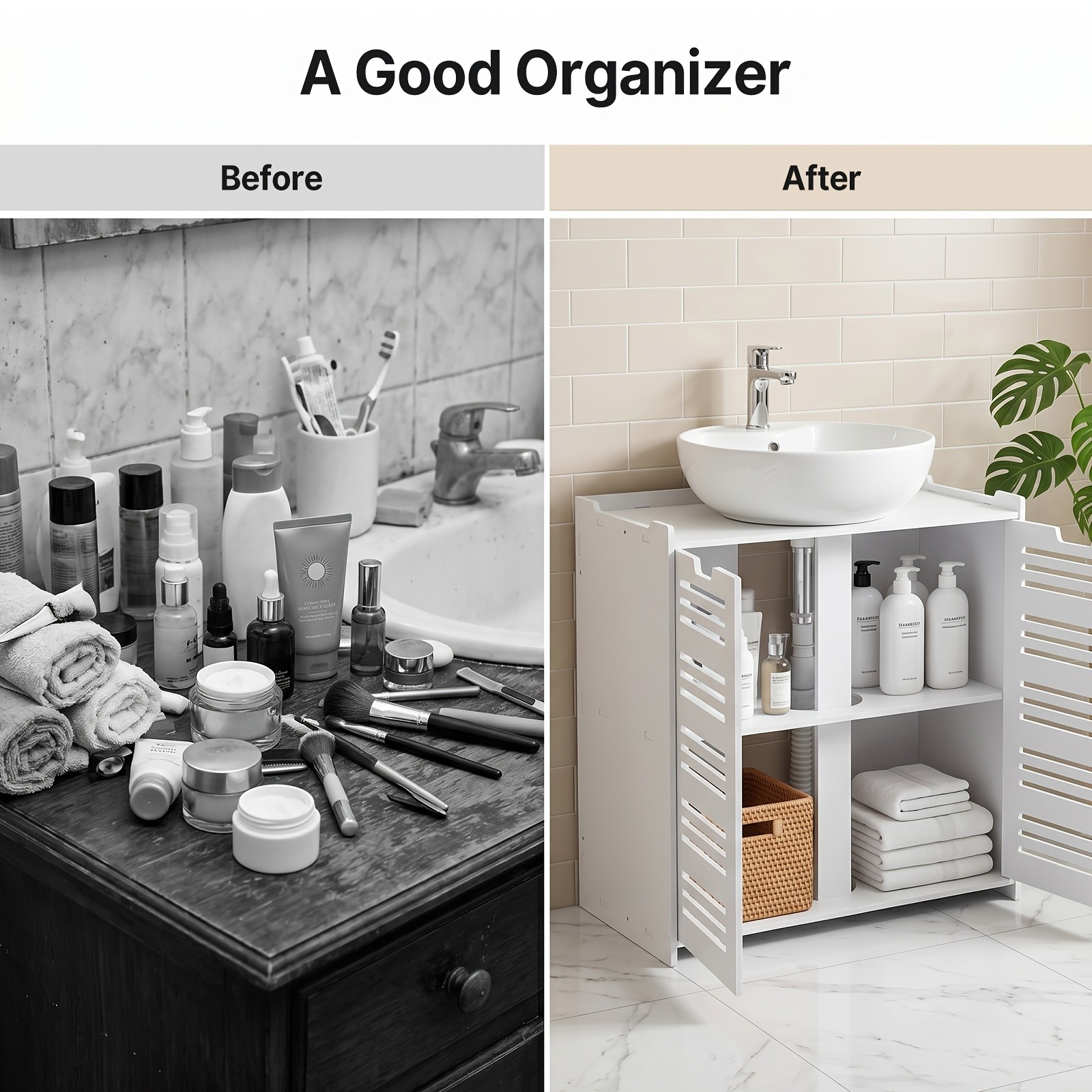 Modern White Bathroom Vanity Cabinet with Storage, Space Saving Under Sink Organ
