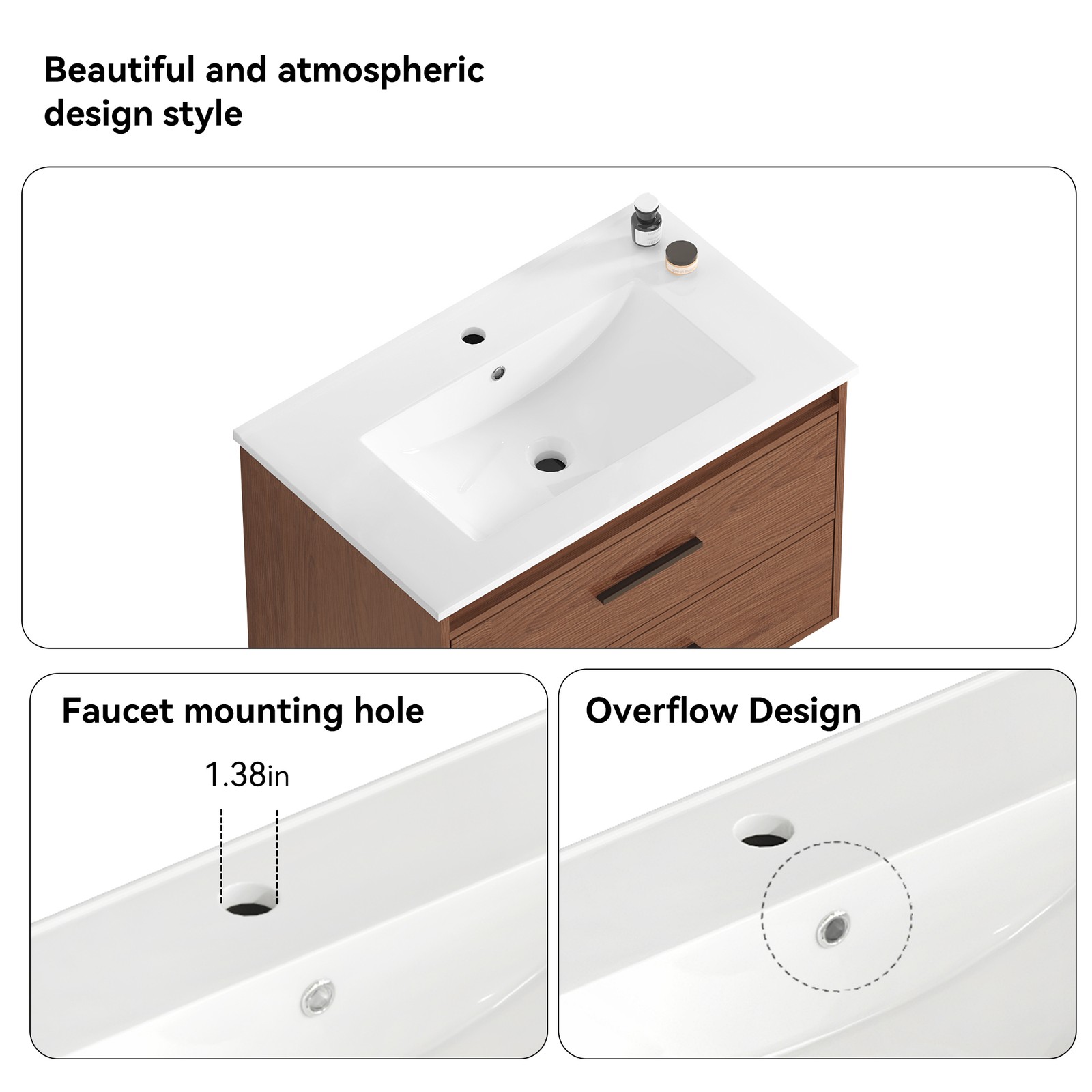 30″ reddish brown Wall Mounting Bathroom Vanity with Soft Close 2 Drawers