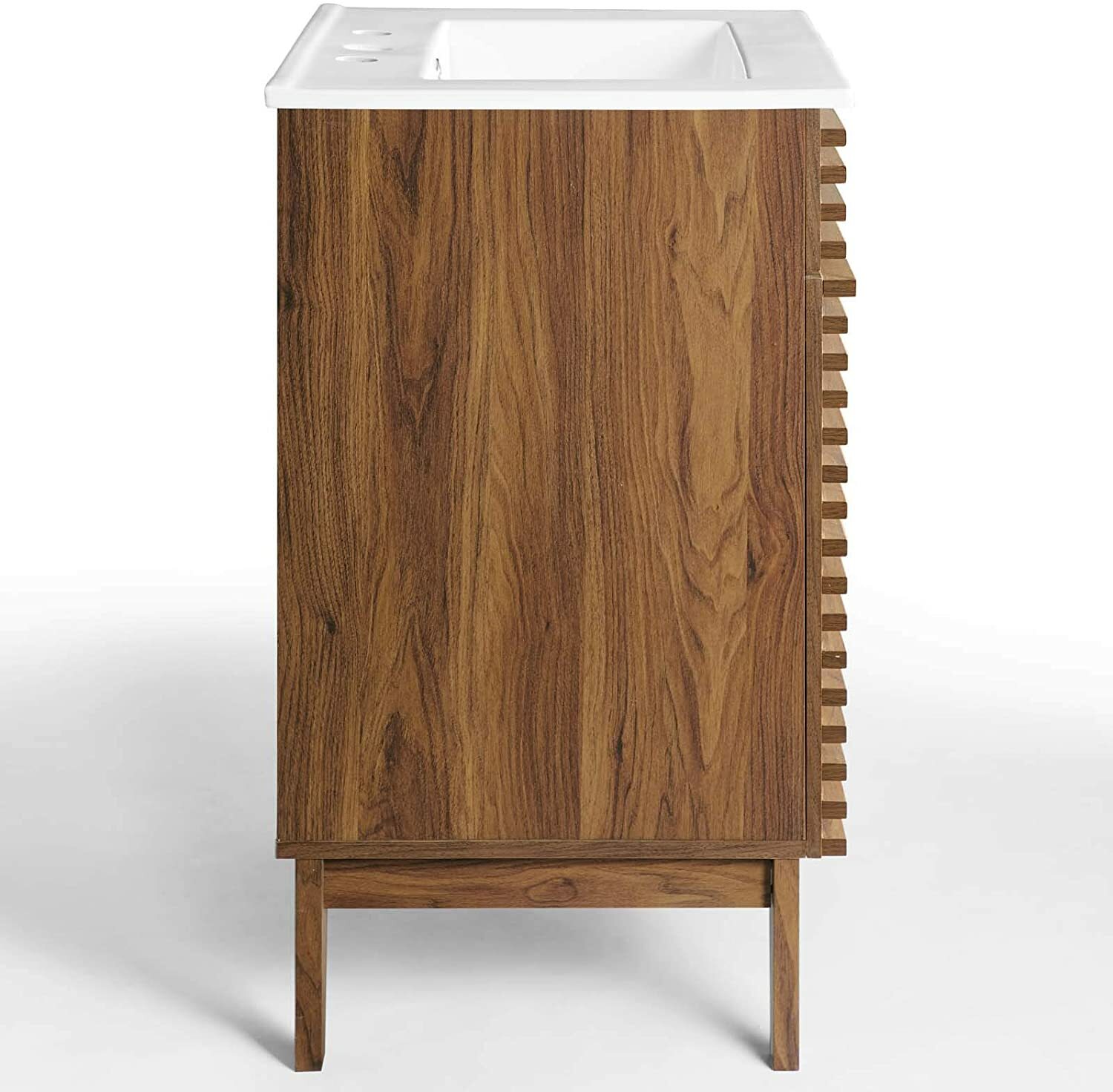 Mid-Century Modern Bathroom Vanity Walnut Grain Laminate Tapered Legs White Sink