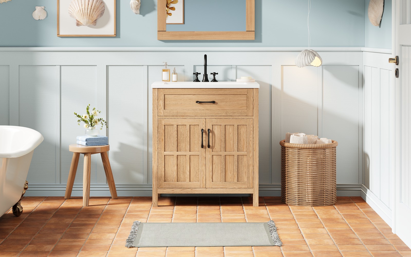 30″ Bathroom Vanity with Resin Sink, Modern Wood Frame Bathroom Sink Cabinet