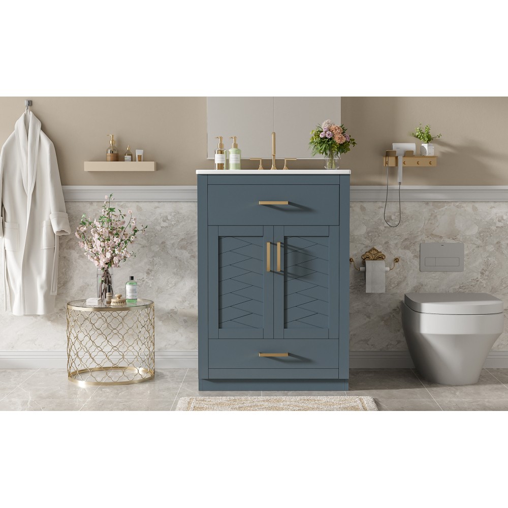 24in Bathroom Vanity Integrated Ceramic Sink 2 Doors 1 Tip-out Drawe