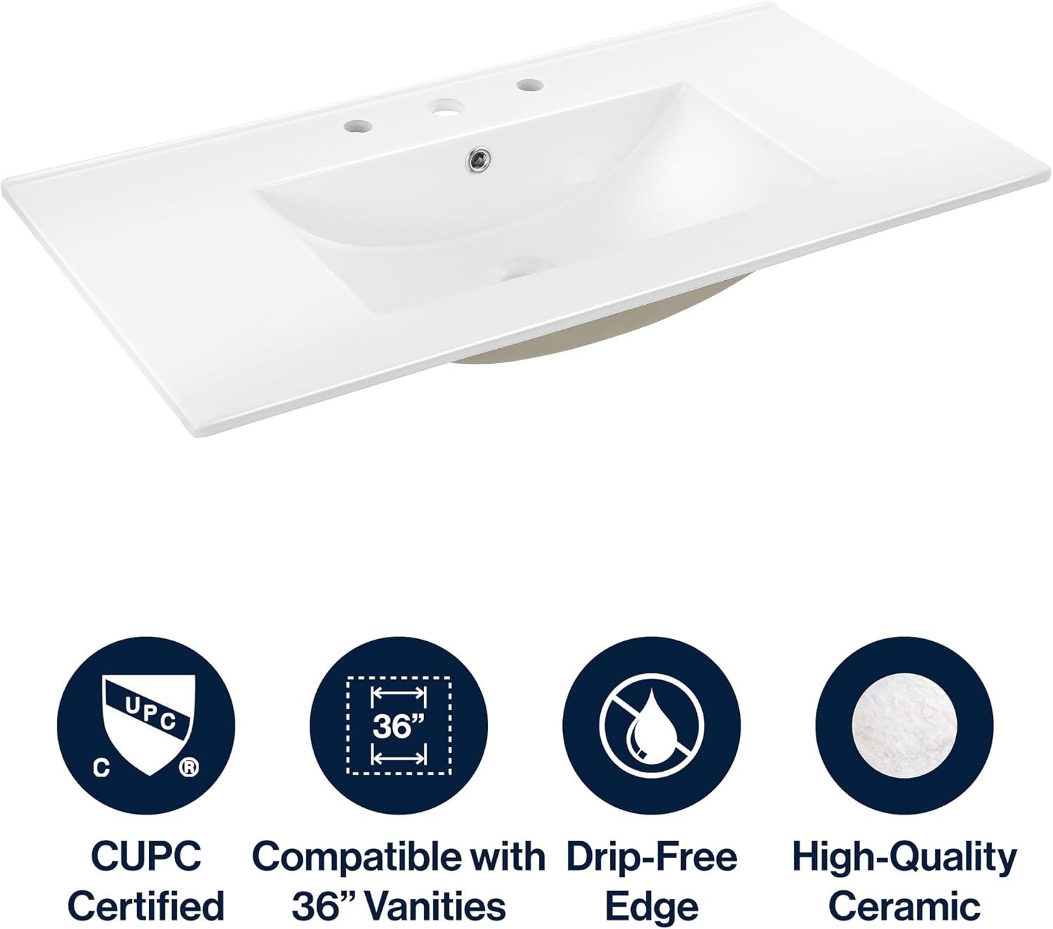 JONATHAN Y Ancillary 36 In. W X 18.25 In. D Ceramic Vanity Sink Top with 3-Hole