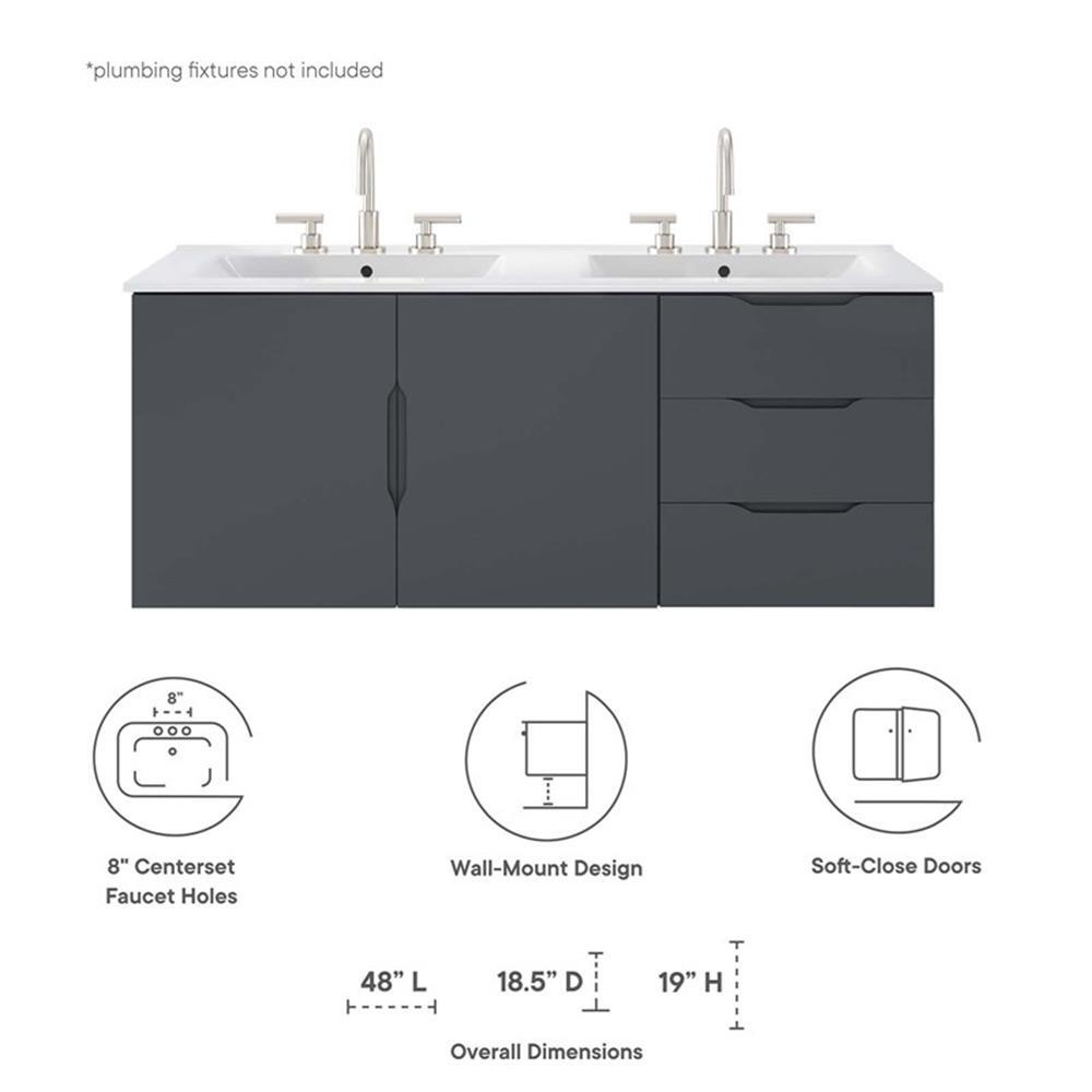 Modway Vitality 48″ Double Sink Wood & Ceramic Bathroom Vanity in Gray/White