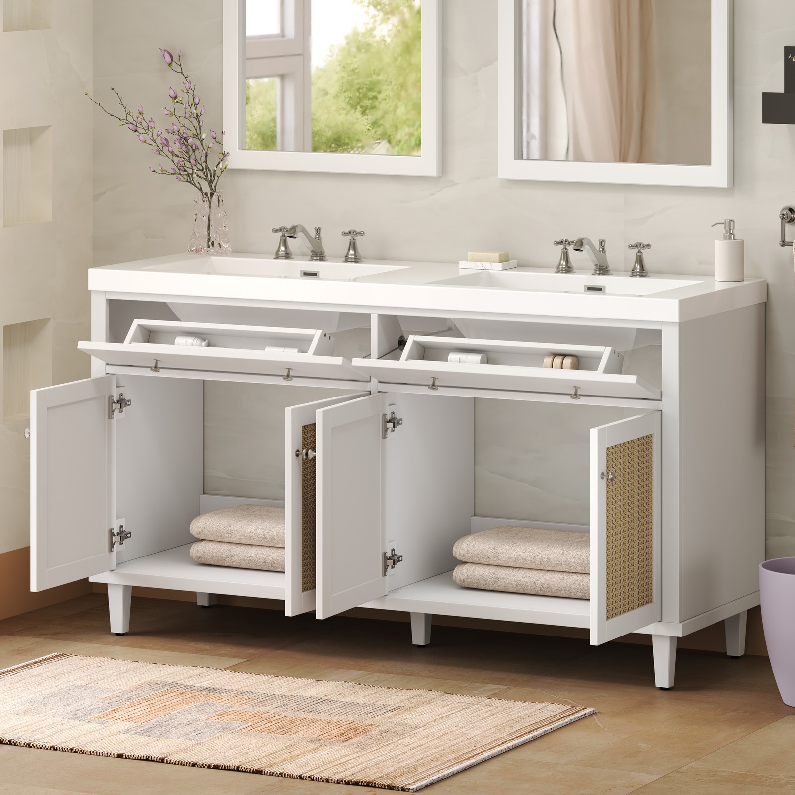 60” Bathroom Vanity with Double Sink with 2 Tip-Out Trays / Flip-Out Drawers