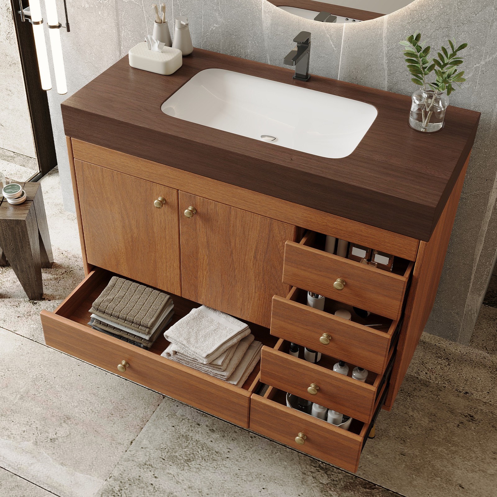 36″ Freestanding Bathroom Vanity with Faux Marble Top & Ceramic Sink