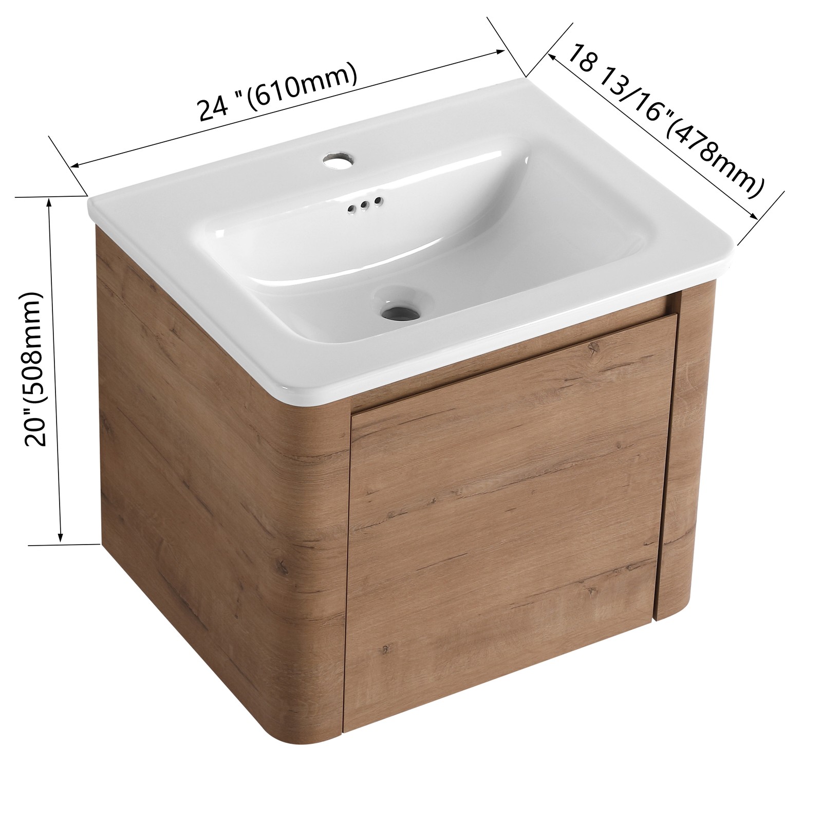 24″ Plywood Wall-Mounted Bathroom Vanity w/ White Ceramic Sink Soft-Close Door